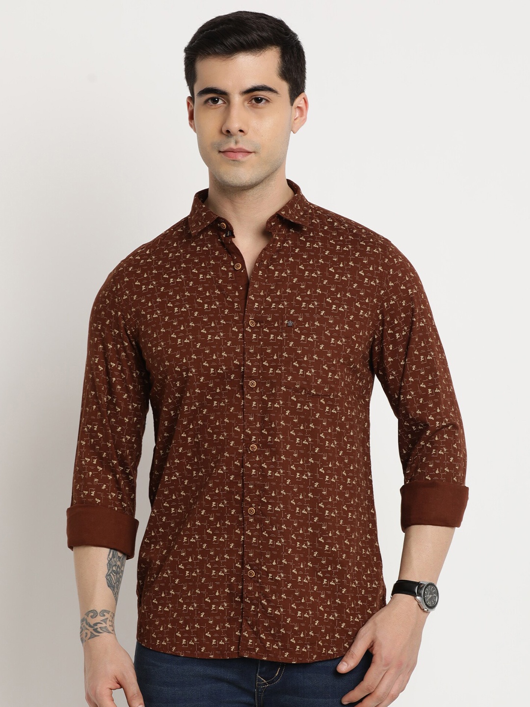 

Turtle Floral Printed Classic Slim Fit Pure Cotton Casual Shirt, Brown