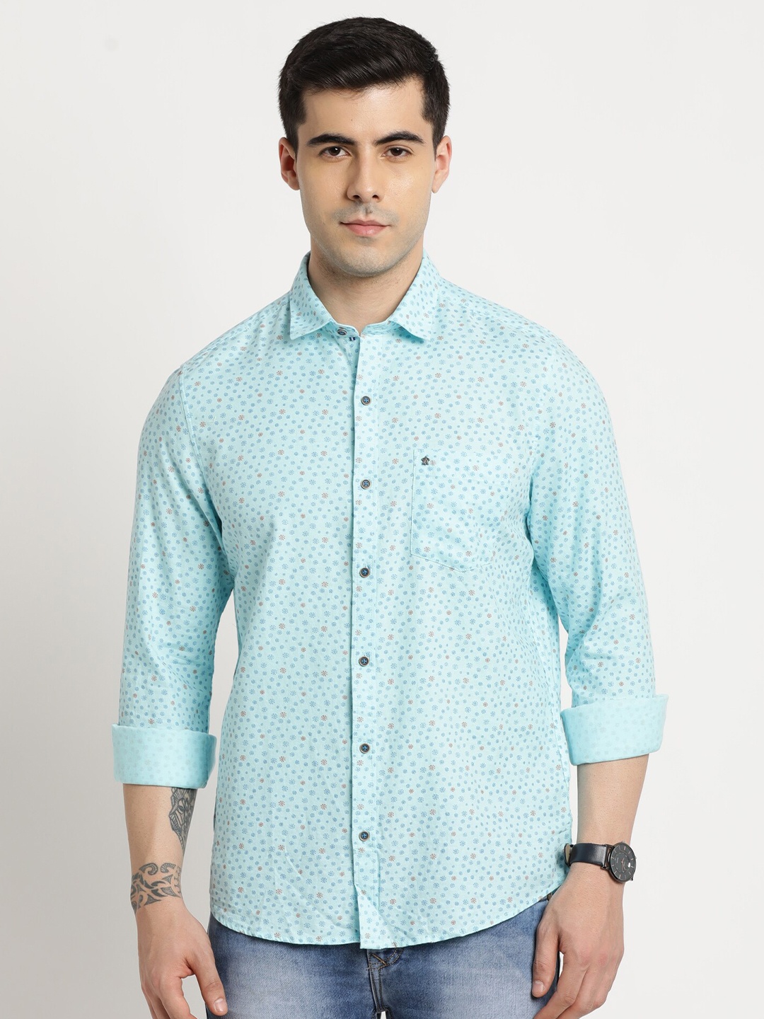 

Turtle Classic Slim Fit Cotton Floral Opaque Printed Casual Shirt, Blue