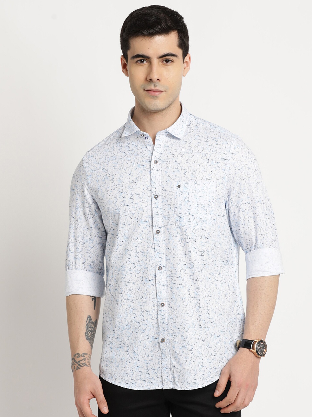 

Turtle Slim Fit Printed Spread Collar Cotton Casual Shirt, White