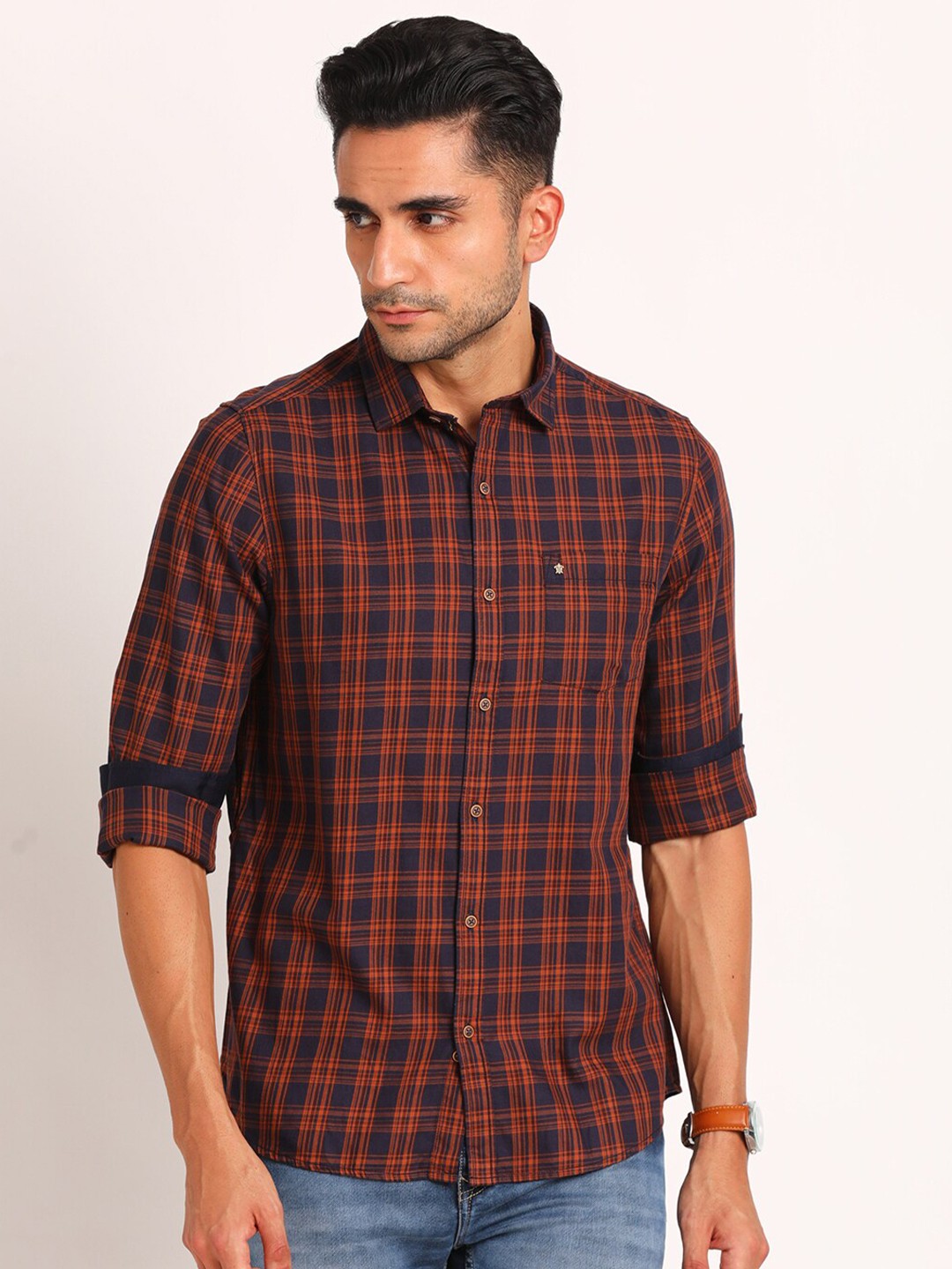 

Turtle Tartan Checks Checked Classic Slim Fit Casual Shirt, Brown