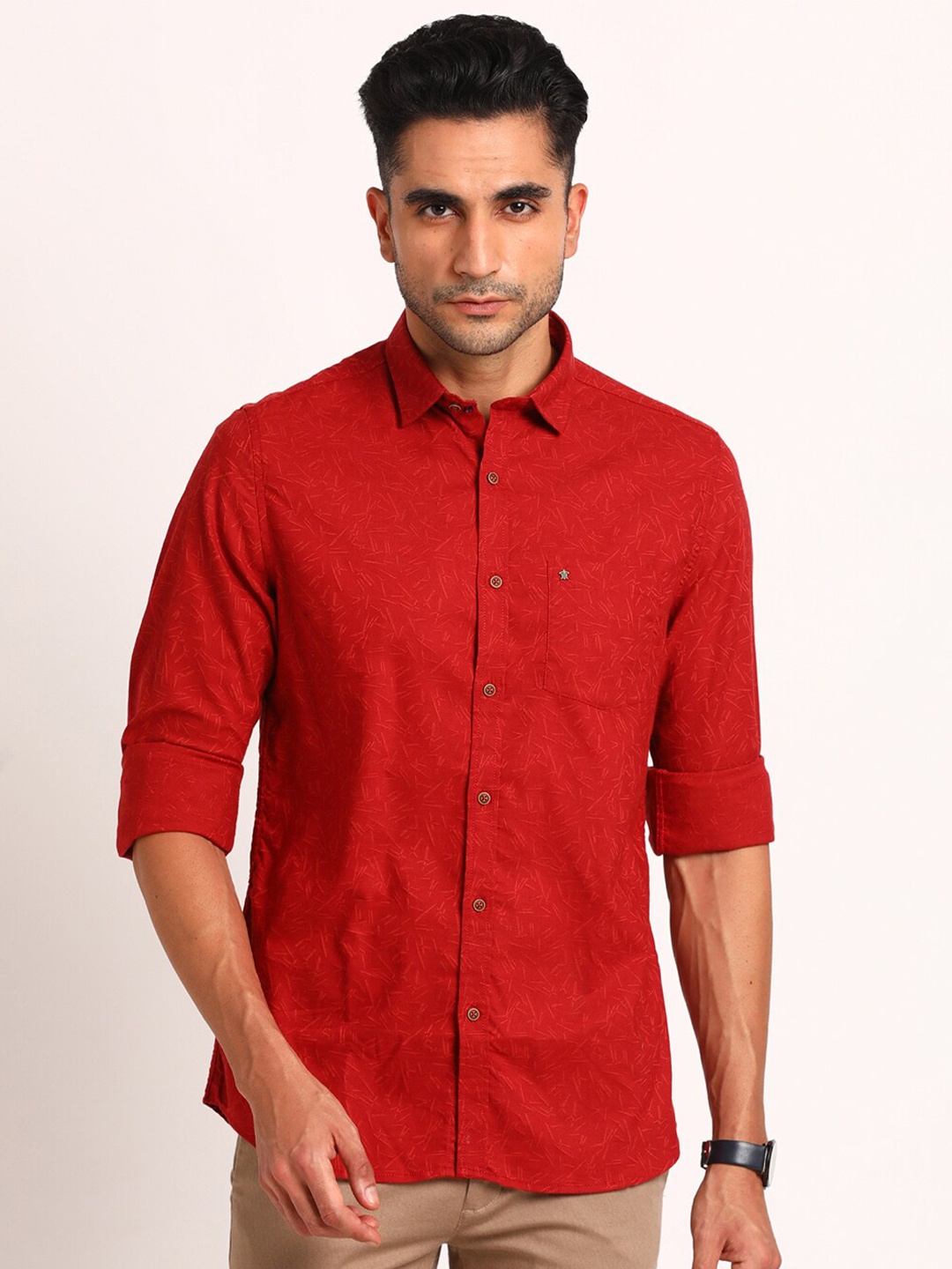 

Turtle Slim Fit Printed Spread Collar Cotton Casual Shirt, Red