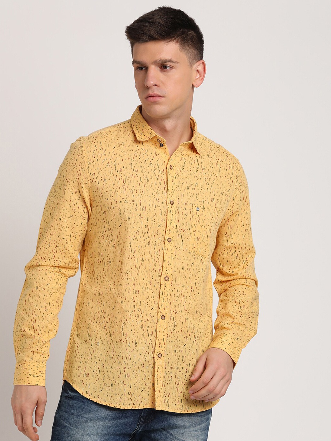 

Turtle Micro Ditsy Printed Classic Slim Fit Casual Shirt, Yellow