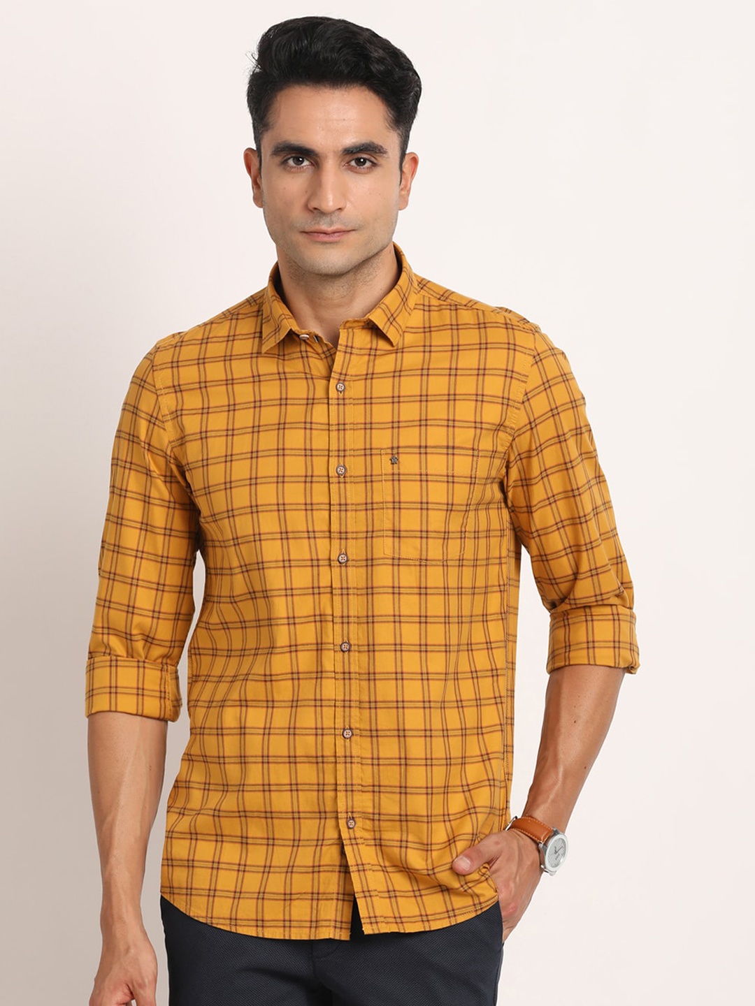 

Turtle Classic Slim Fit Cotton Checked Casual Shirt, Mustard