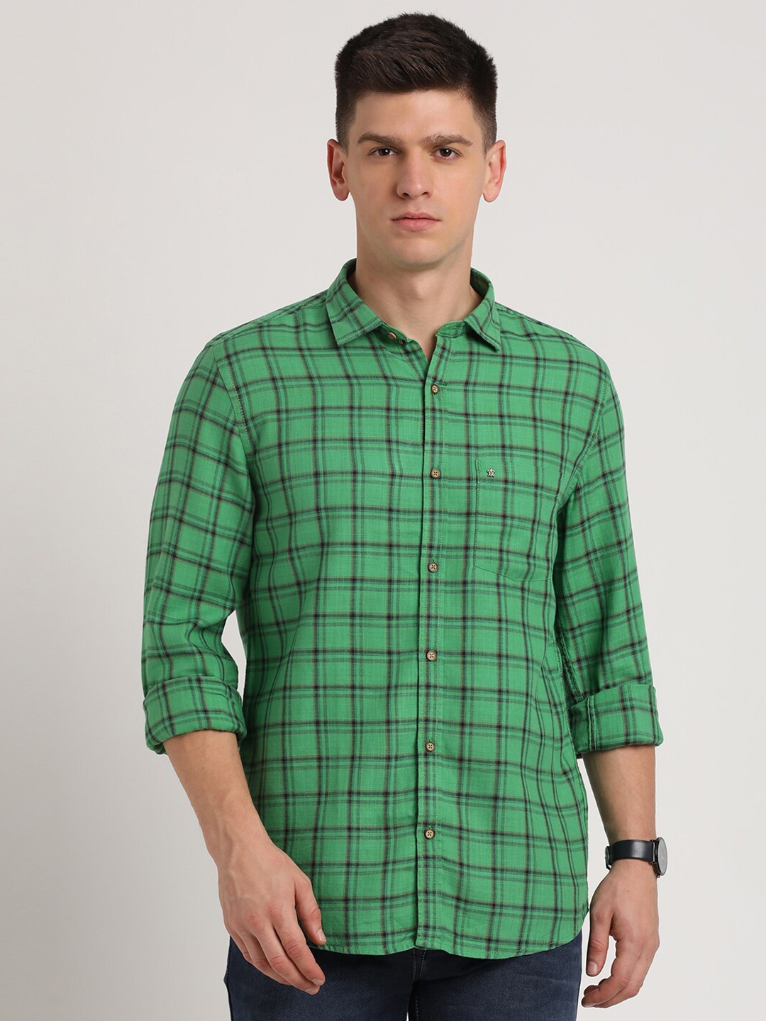 

Turtle Tartan Checked Classic Slim Fit Casual Shirt, Green