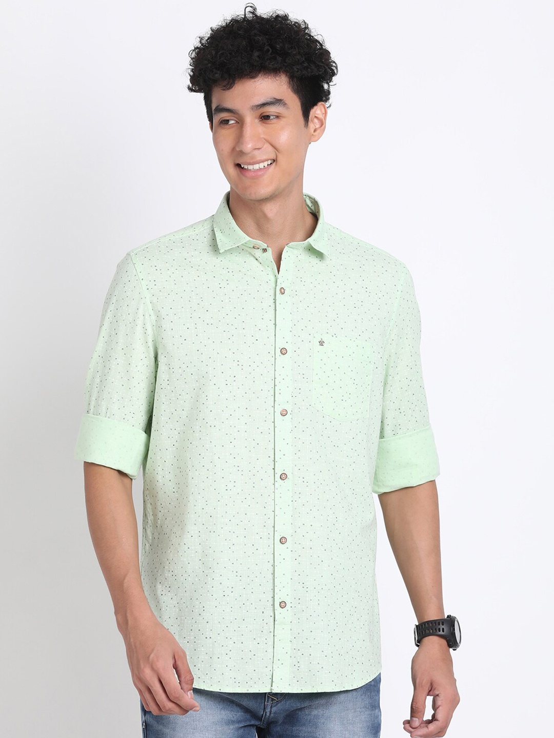 

Turtle Classic Slim Fit Floral Printed Pure Cotton Casual Shirt, Green