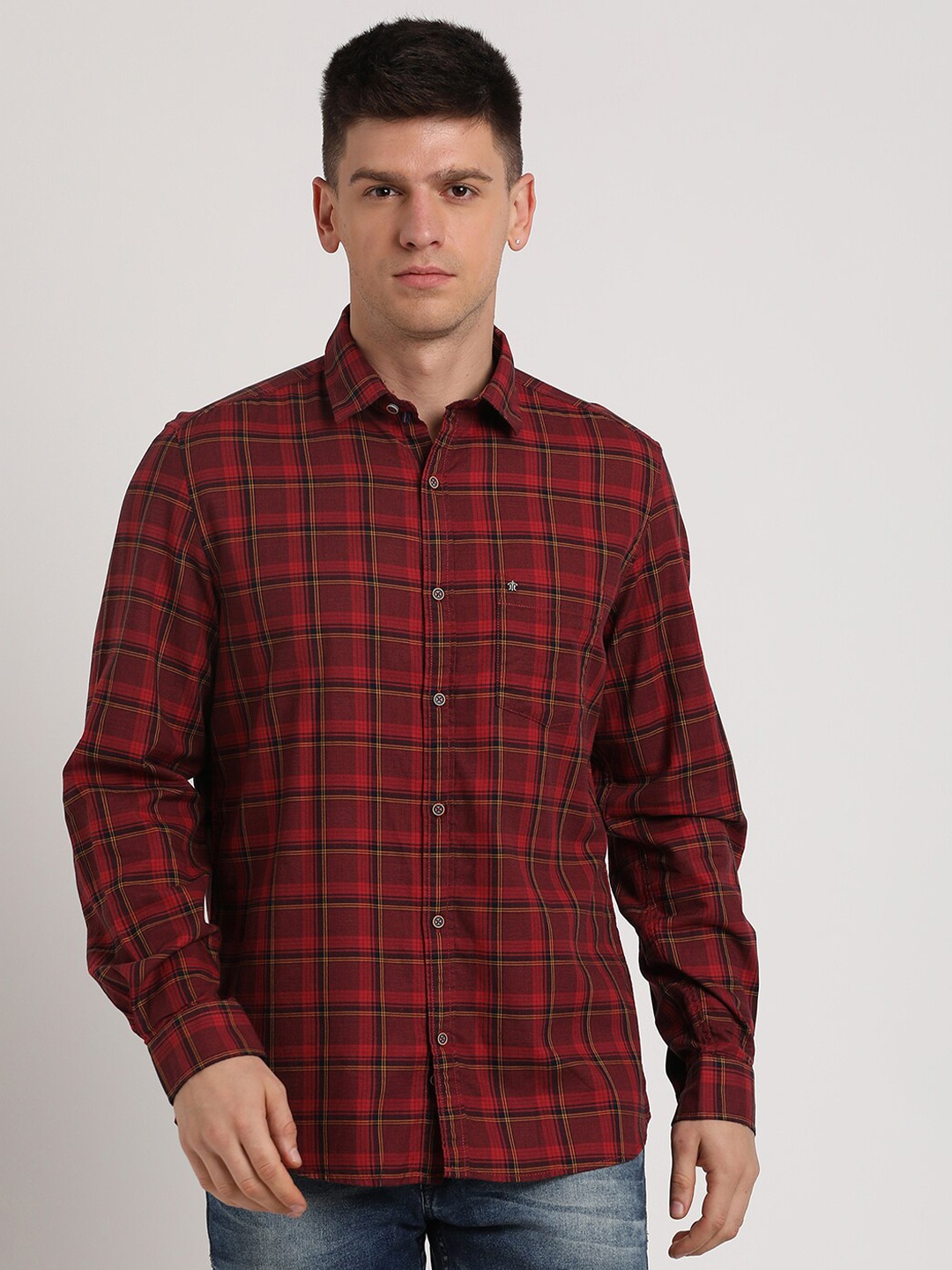 

Turtle Classic Slim Fit Cotton Tartan Checks Opaque Checked Casual Shirt, Maroon