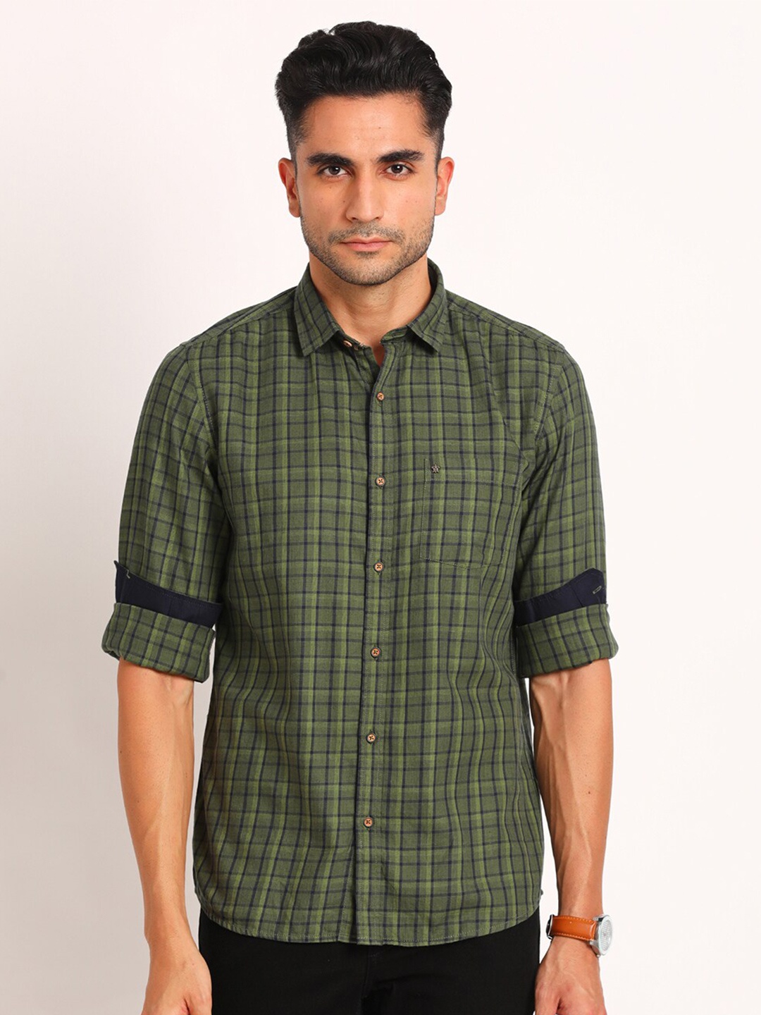 

Turtle Checked Pure Cotton Classic Slim Fit Casual Shirt, Olive