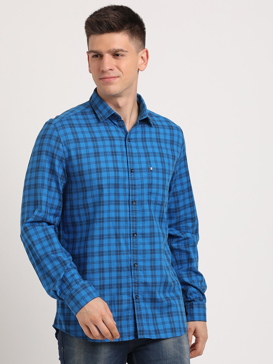 

Turtle Classic Slim Fit Tartan Checked Printed Pure Cotton Casual Shirt, Blue