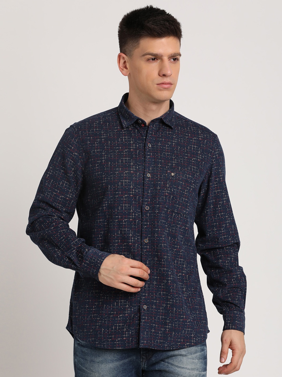 

Turtle Slim Fit Printed Spread Collar Cotton Casual Shirt, Navy blue