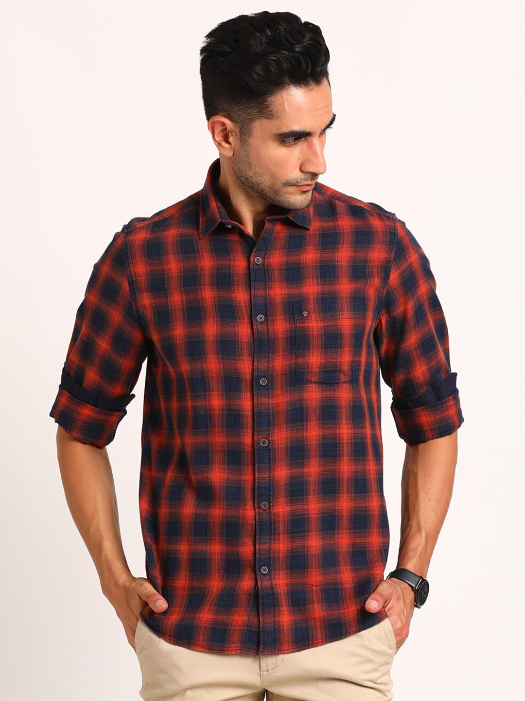 

Turtle Checked Classic Slim Fit Pure Cotton Casual Shirt, Red