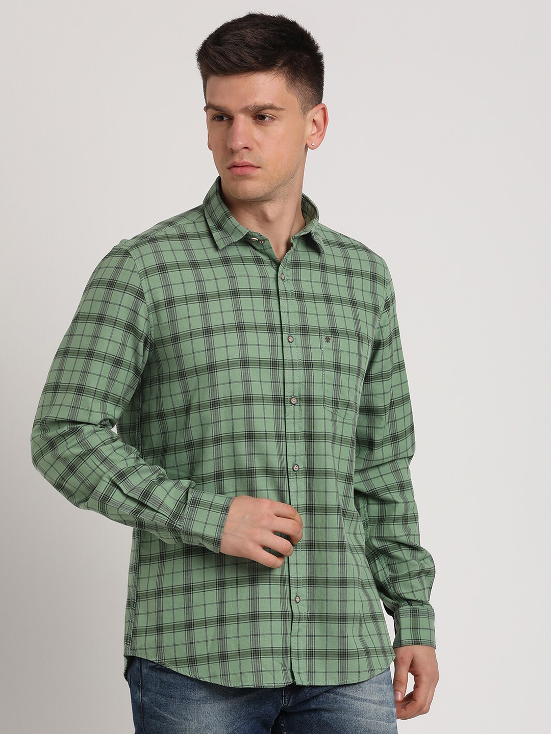 

Turtle Slim Fit Tartan Checks Checked Spread Collar Cotton Casual Shirt, Green