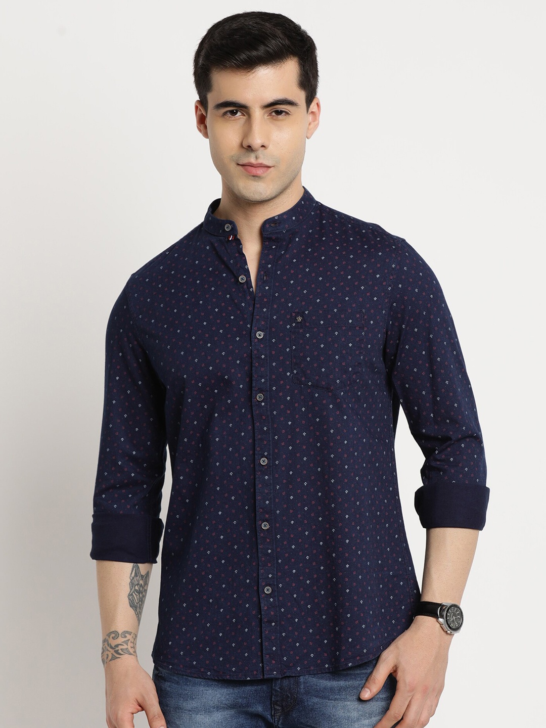 

Turtle Classic Mandarin Collar Long Sleeves Slim Fit Printed Casual Cotton Shirt, Navy blue
