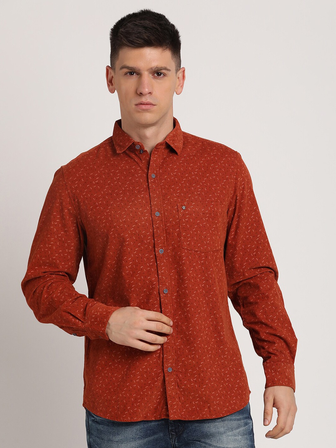 

Turtle Floral Printed Classic Slim Fit Pure Cotton Casual Shirt, Rust