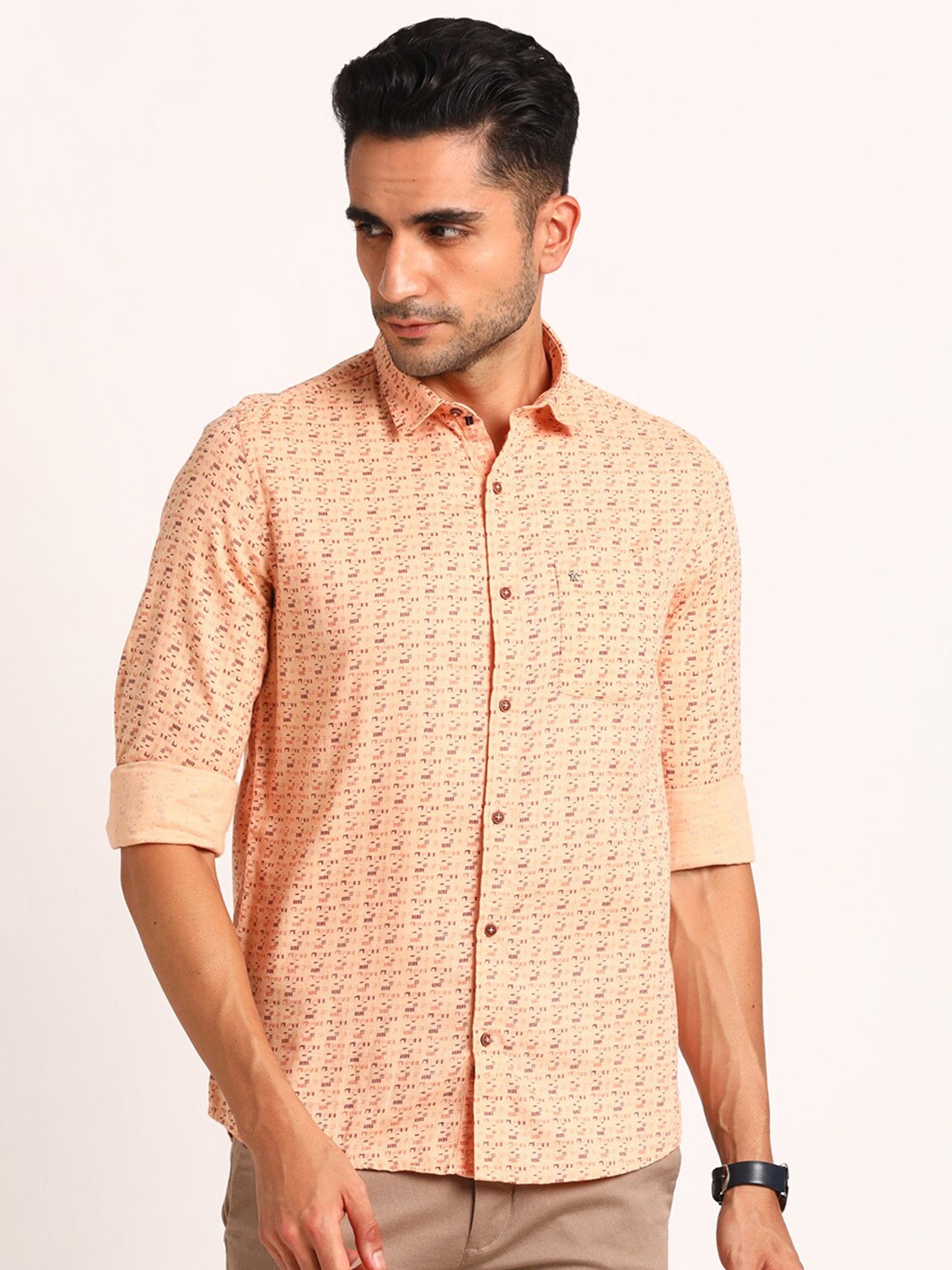 

Turtle Classic Slim Fit Micro Ditsy Printed Pure Cotton Casual Shirt, Orange