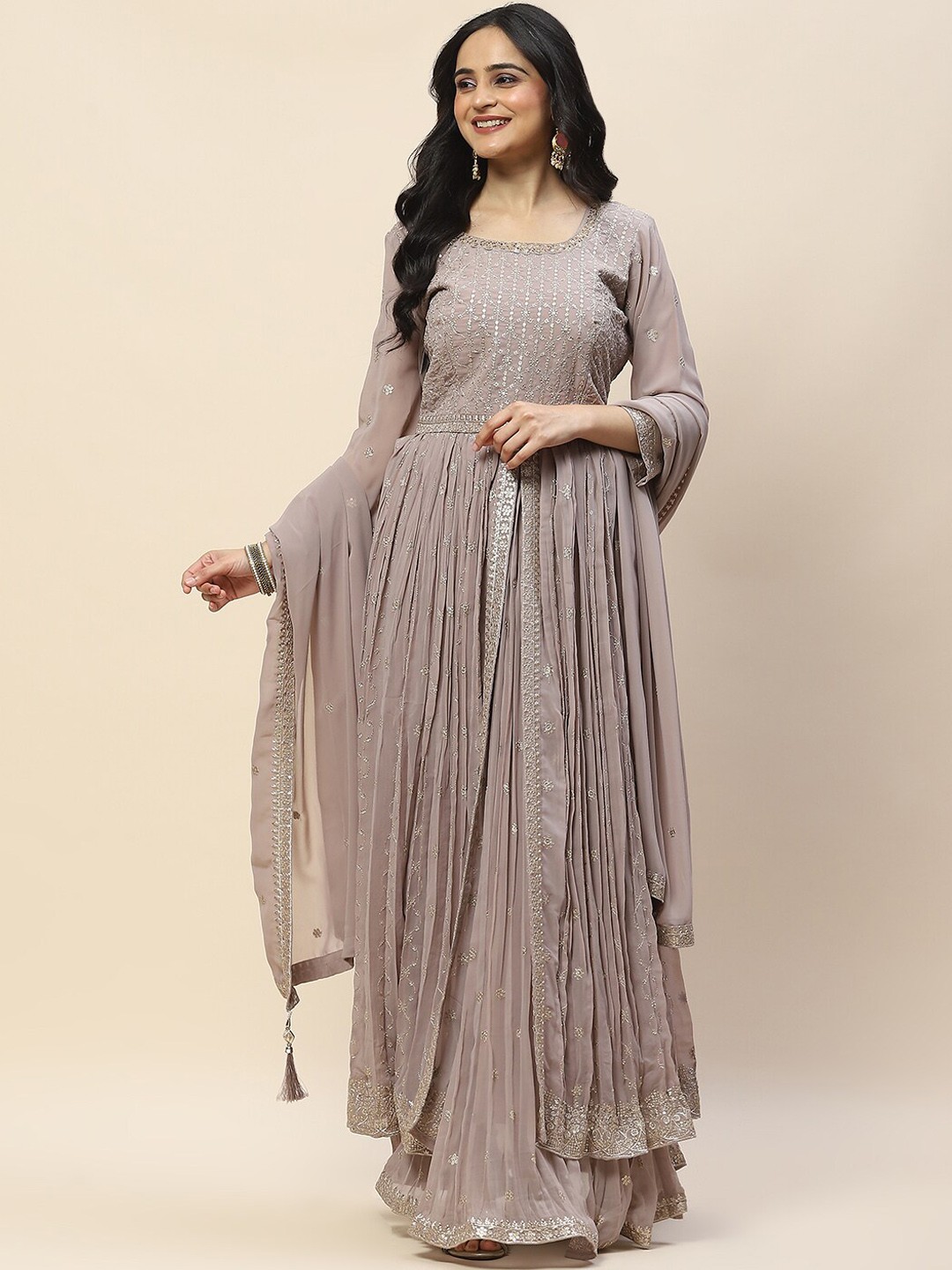

Meena Bazaar Round Neck Floral Embroidered Regular Kurta with Skirt & With Dupatta, Grey