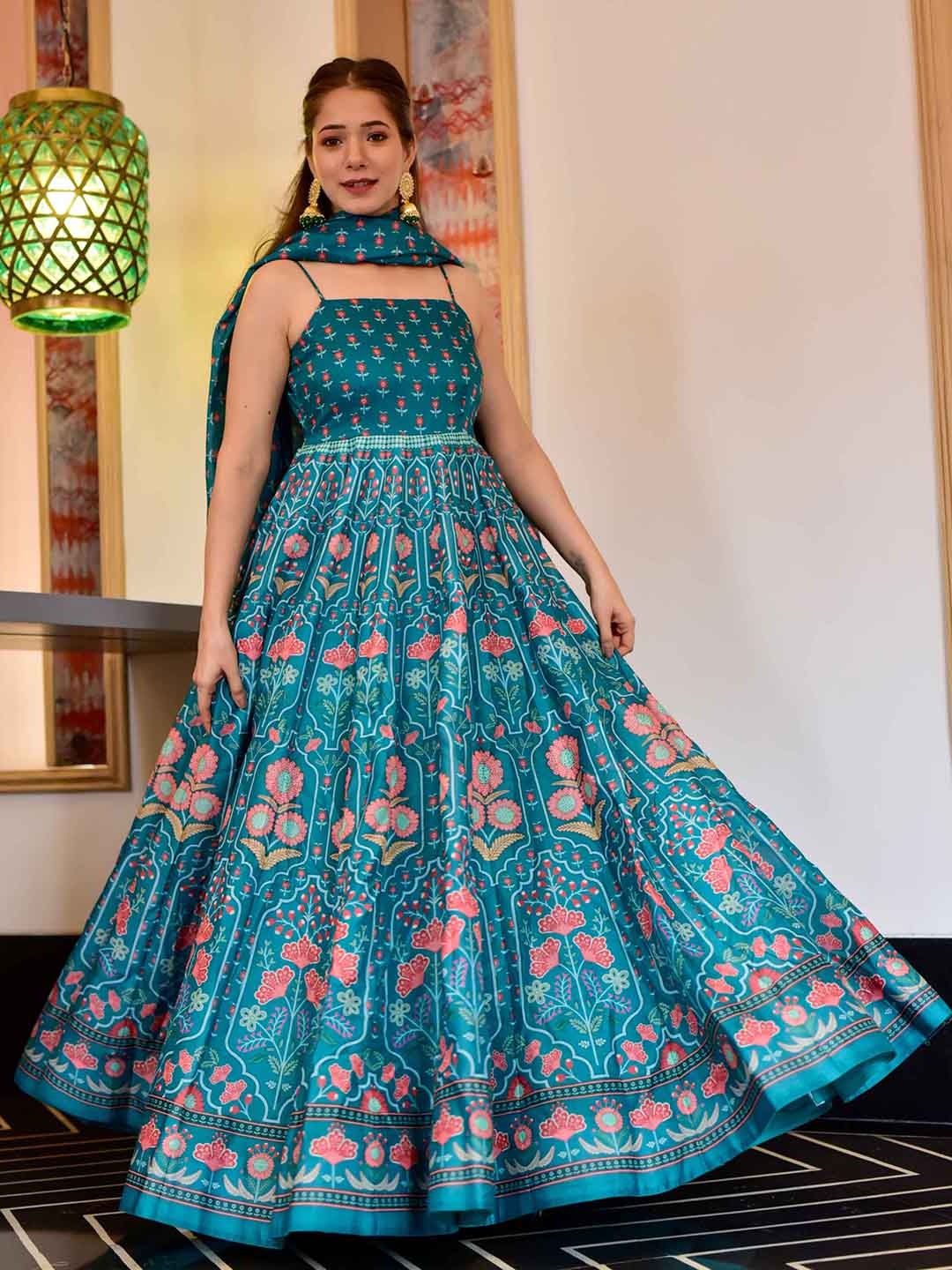 

Meena Bazaar Floral Printed Shoulder Strap Kurta with Churidar & With Dupatta, Blue