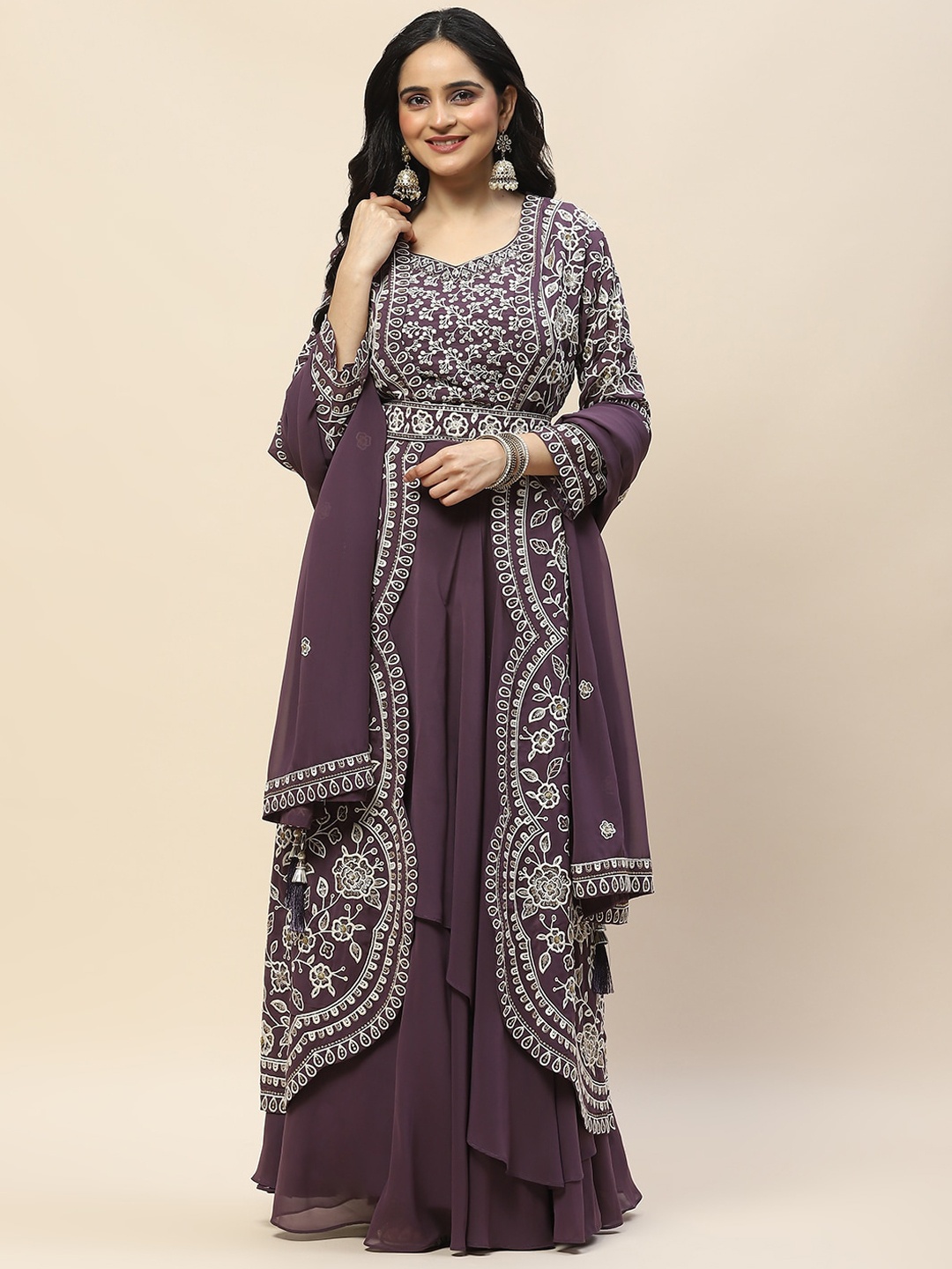 

Meena Bazaar Ethnic Motifs Embroidered Top With Skirt & Jacket, Purple