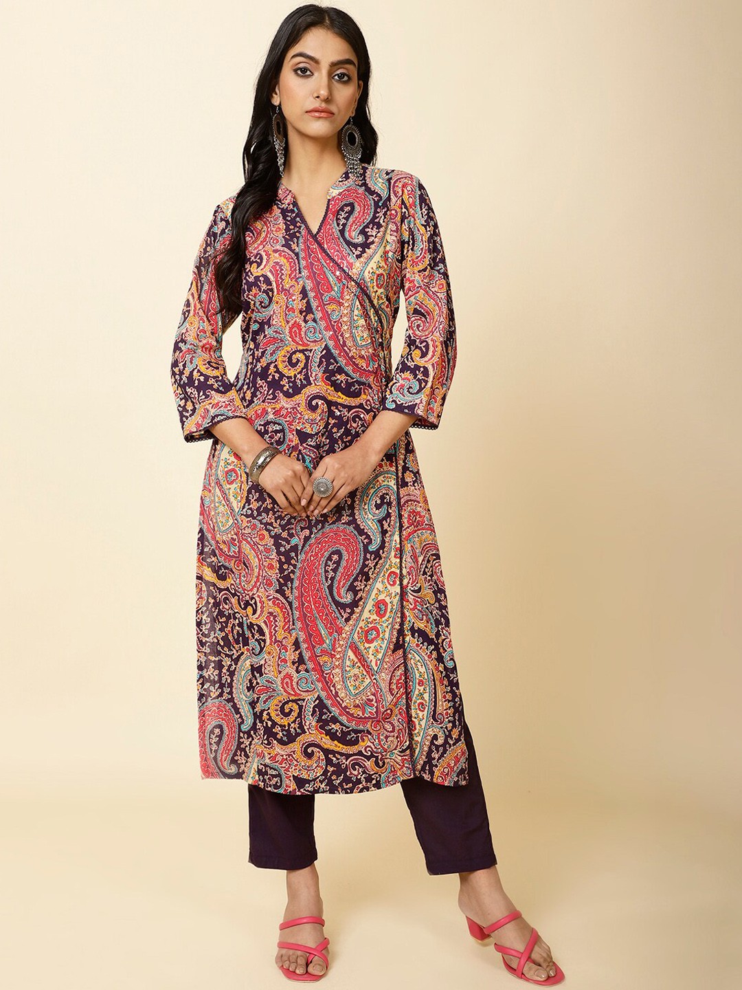 

Meena Bazaar Ethnic Motifs Printed V-Neck Angrakha Kurta with Trousers, Purple
