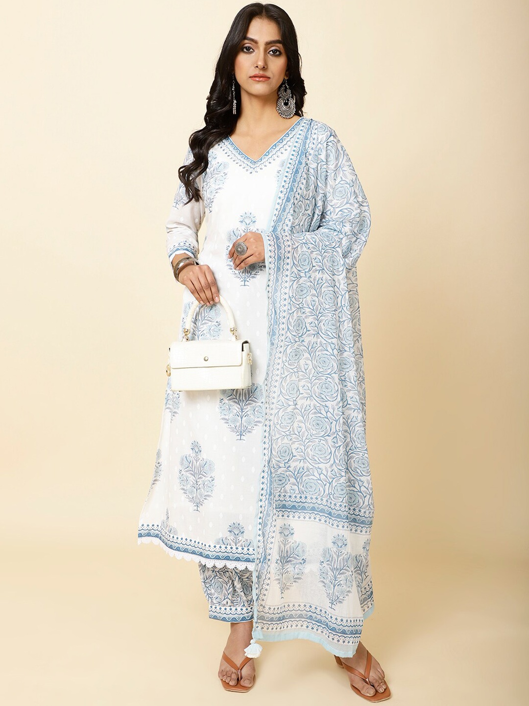 

Meena Bazaar Ethnic Motifs Printed V-Neck Kurta with Trousers & Dupatta, Off white