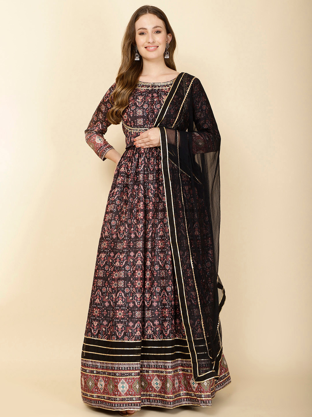 

Meena Bazaar Ethnic Motifs Printed Anarkali Kurta with Trousers & Dupatta, Black