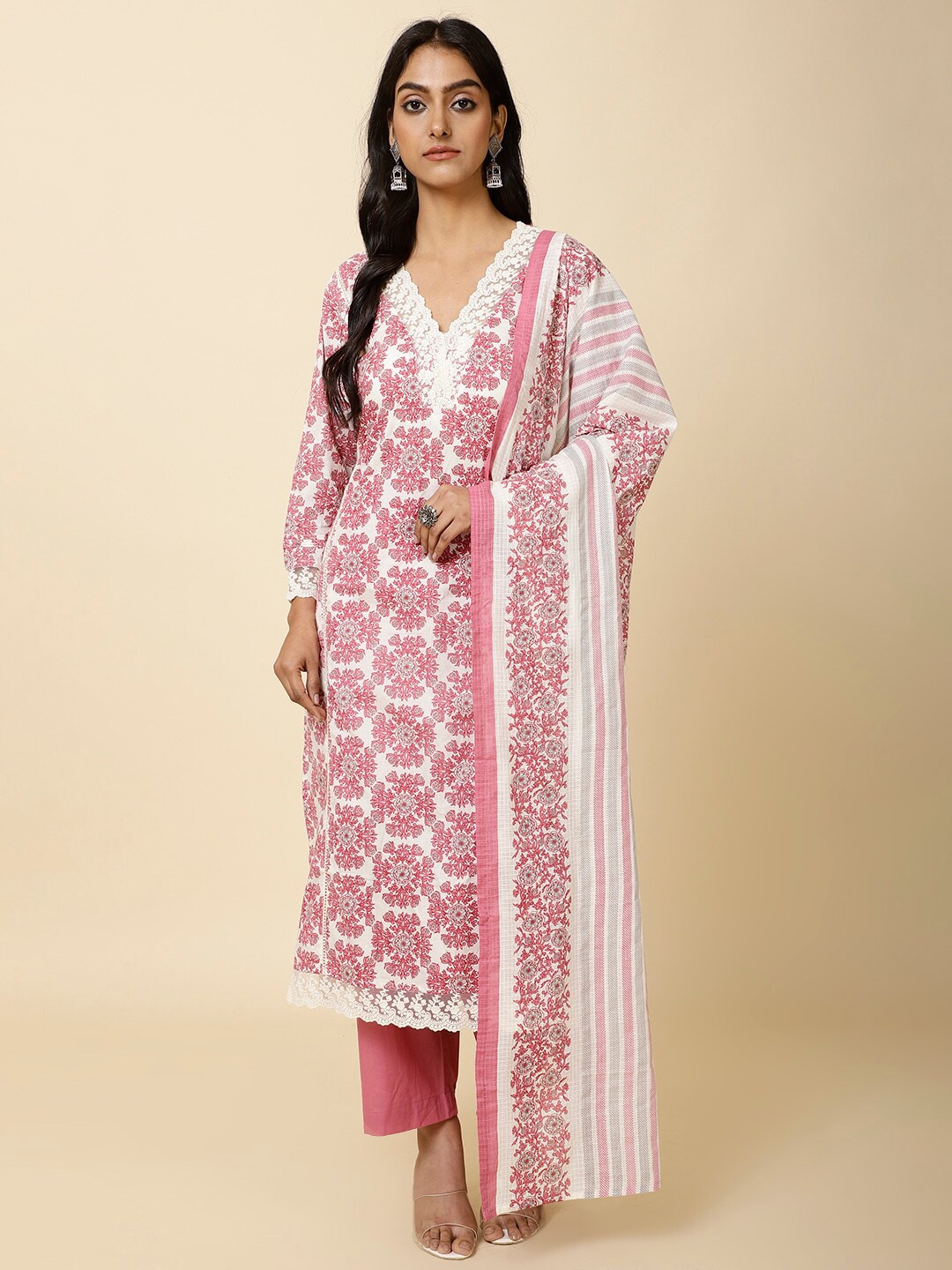 

Meena Bazaar V-Neck Floral Printed Regular Kurta with Trousers & With Dupatta, White