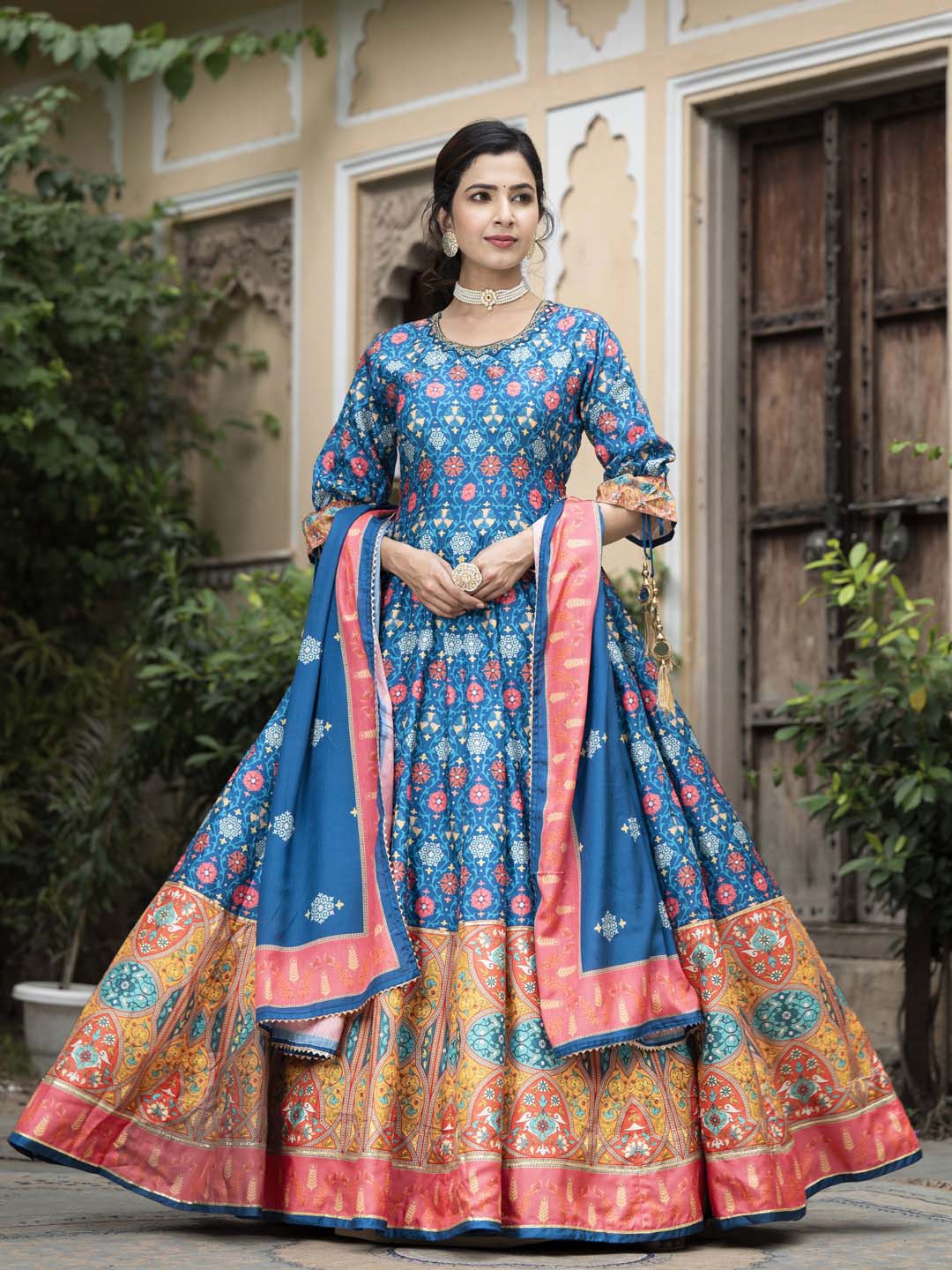 

Meena Bazaar Floral Printed Sequinned Anarkali Kurta With Churidar & Dupatta, Blue