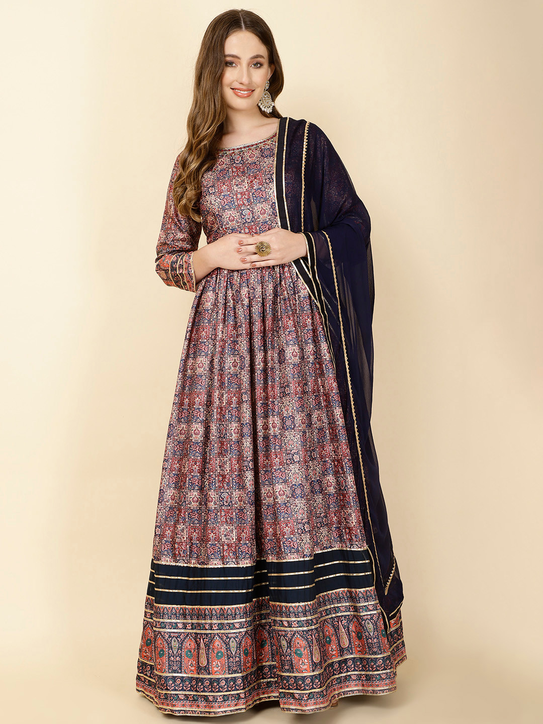 

Meena Bazaar Ethnic Motifs Printed Regular Kurta With Trousers & Dupatta, Navy blue