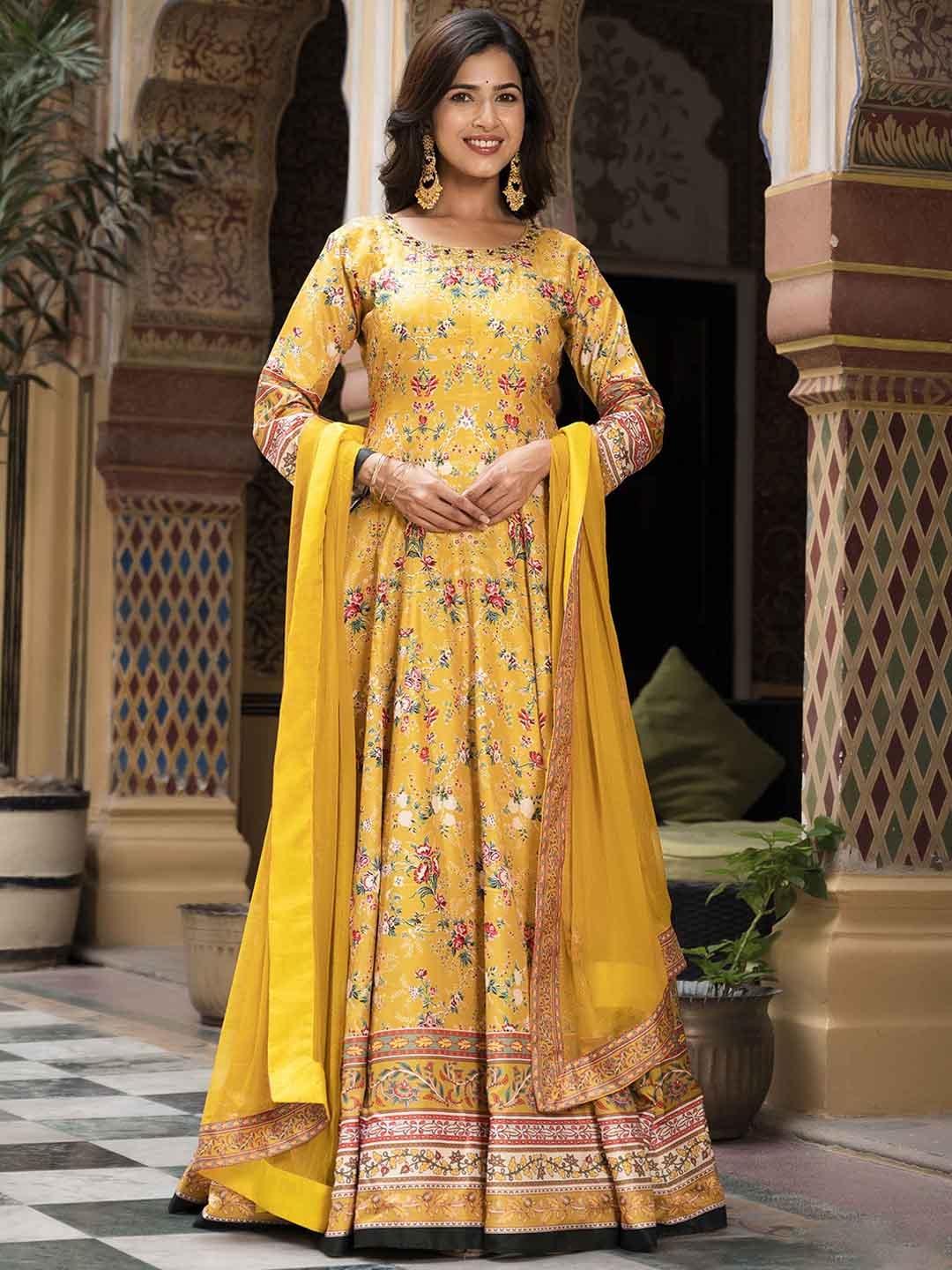 

Meena Bazaar Floral Printed Regular Kurta With Churidar & Dupatta, Mustard