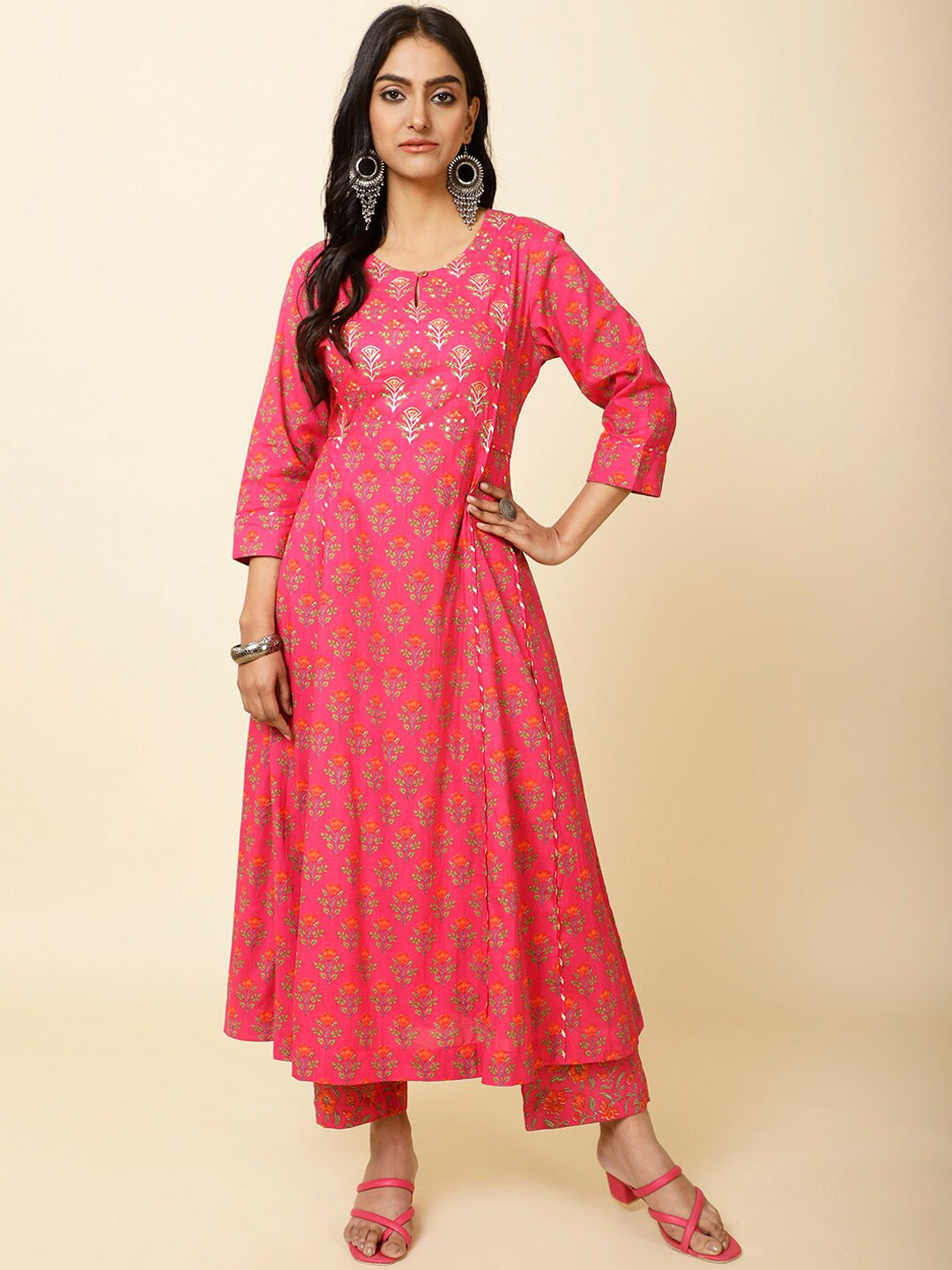 

Meena Bazaar Floral Print A-line Kurta with Trousers, Pink