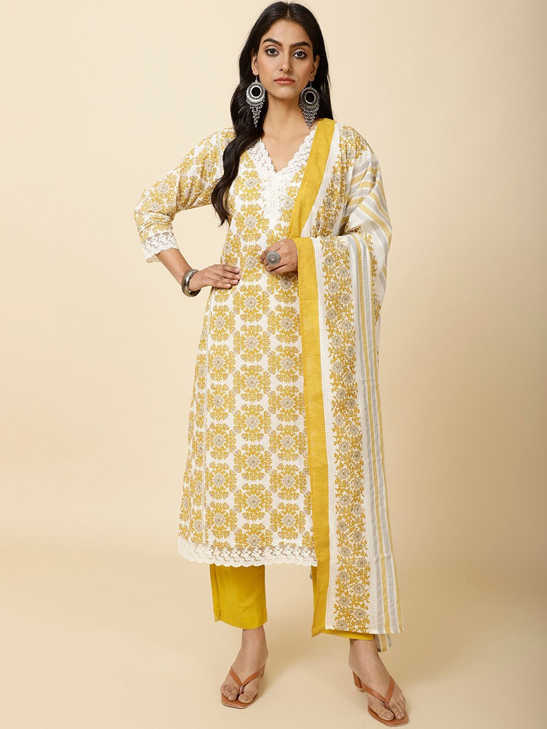 

Meena Bazaar Floral Printed V-Neck Kurta with Trousers & With Dupatta, Yellow