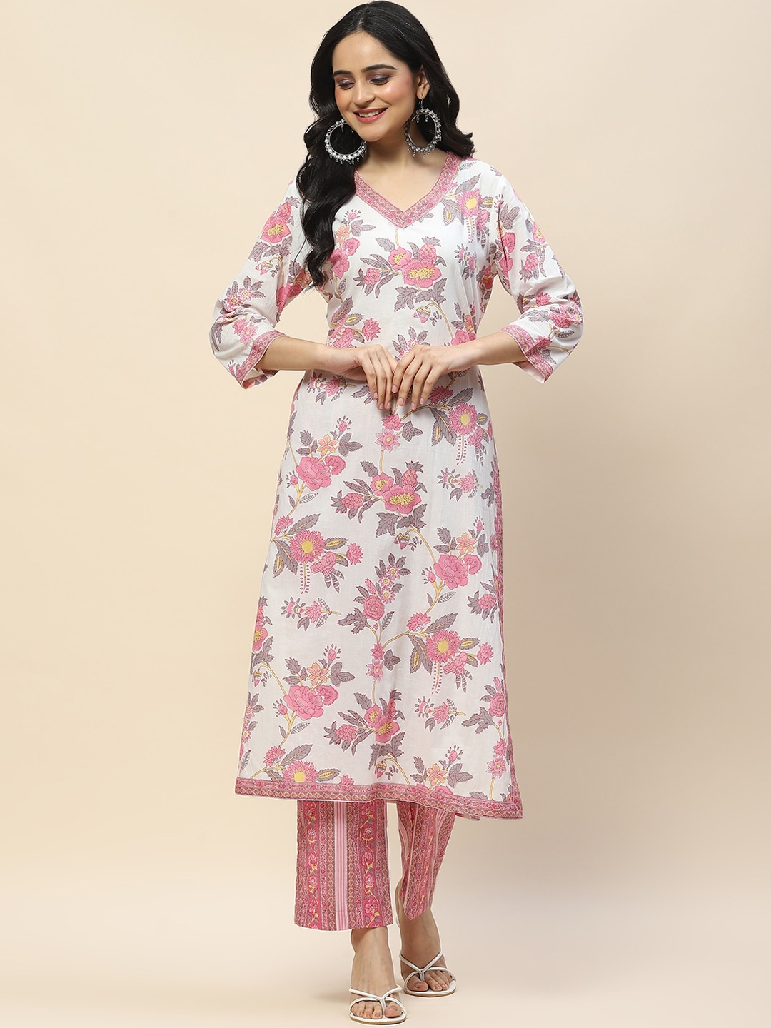

Meena Bazaar Floral Printed V-Neck Cotton Regular Kurta With Trousers, Cream