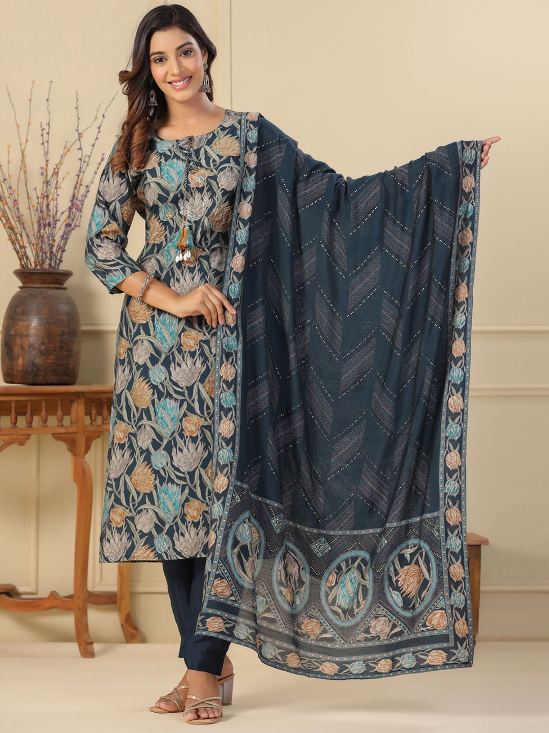 

Meena Bazaar Floral Printed Muslin Kurta with Trousers & With Dupatta, Teal