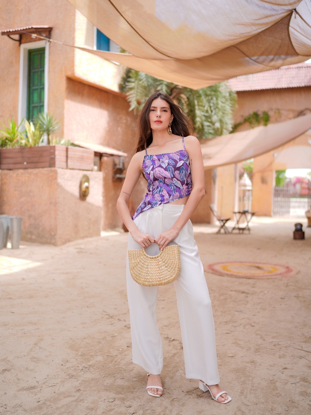 

Stylecast X Hersheinbox Tropical Print Asymmetric Hem Crepe Styled Back Top, Purple