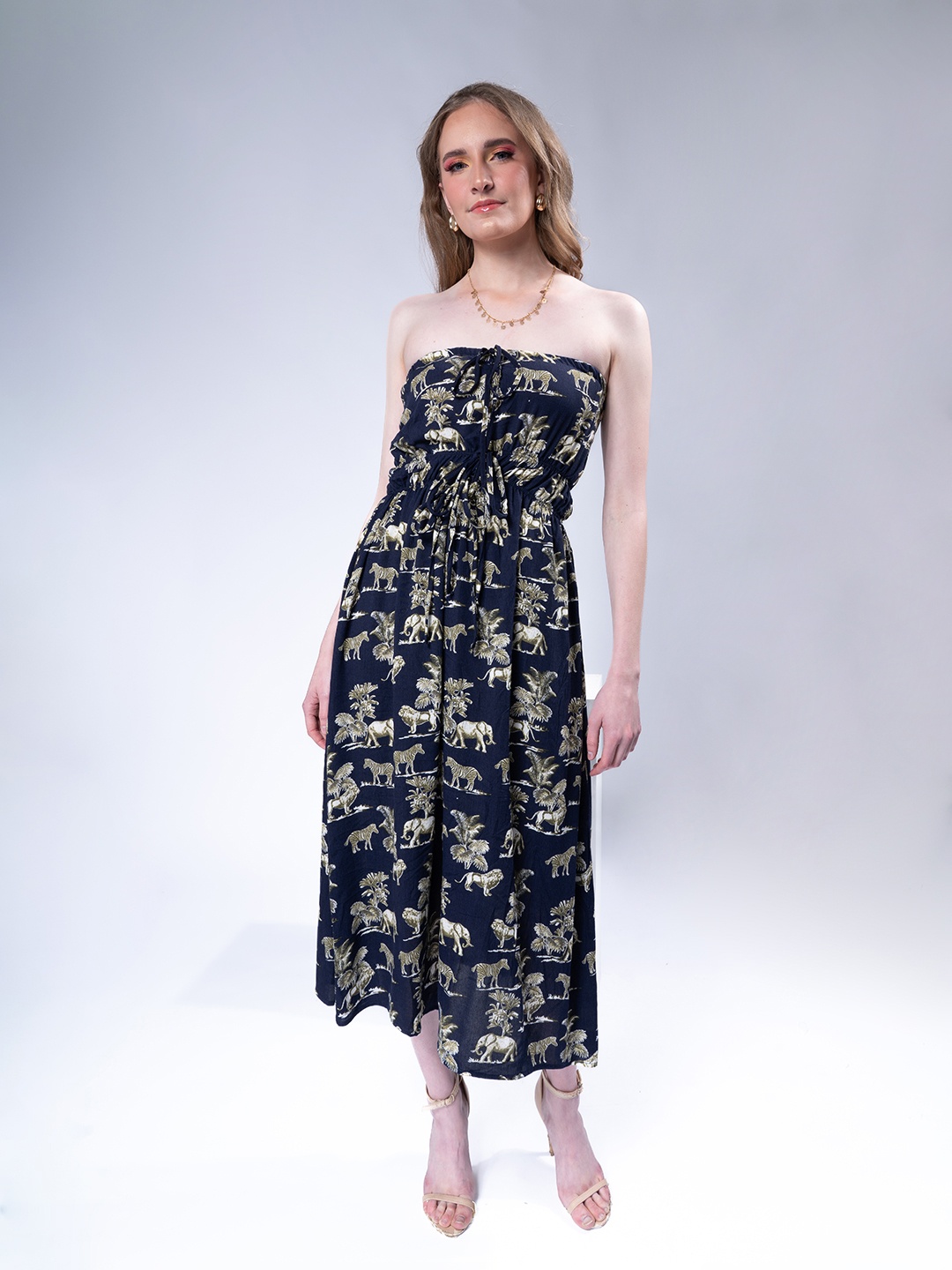 

Stylecast X Hersheinbox Printed Bandeau A-Line Midi Dress, Navy blue