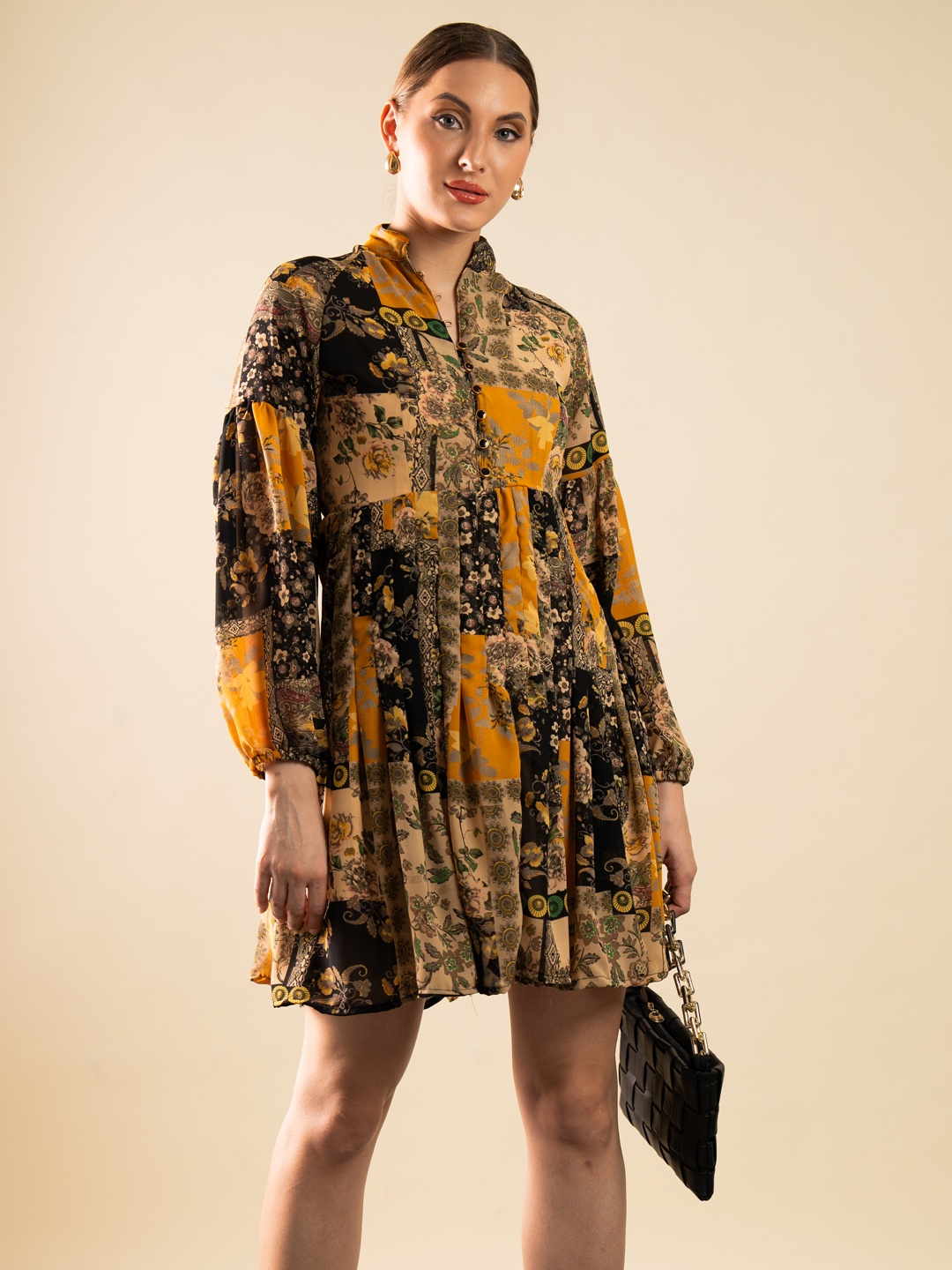 

Stylecast X Hersheinbox Printed Puff Sleeve Georgette A-Line Dress, Mustard