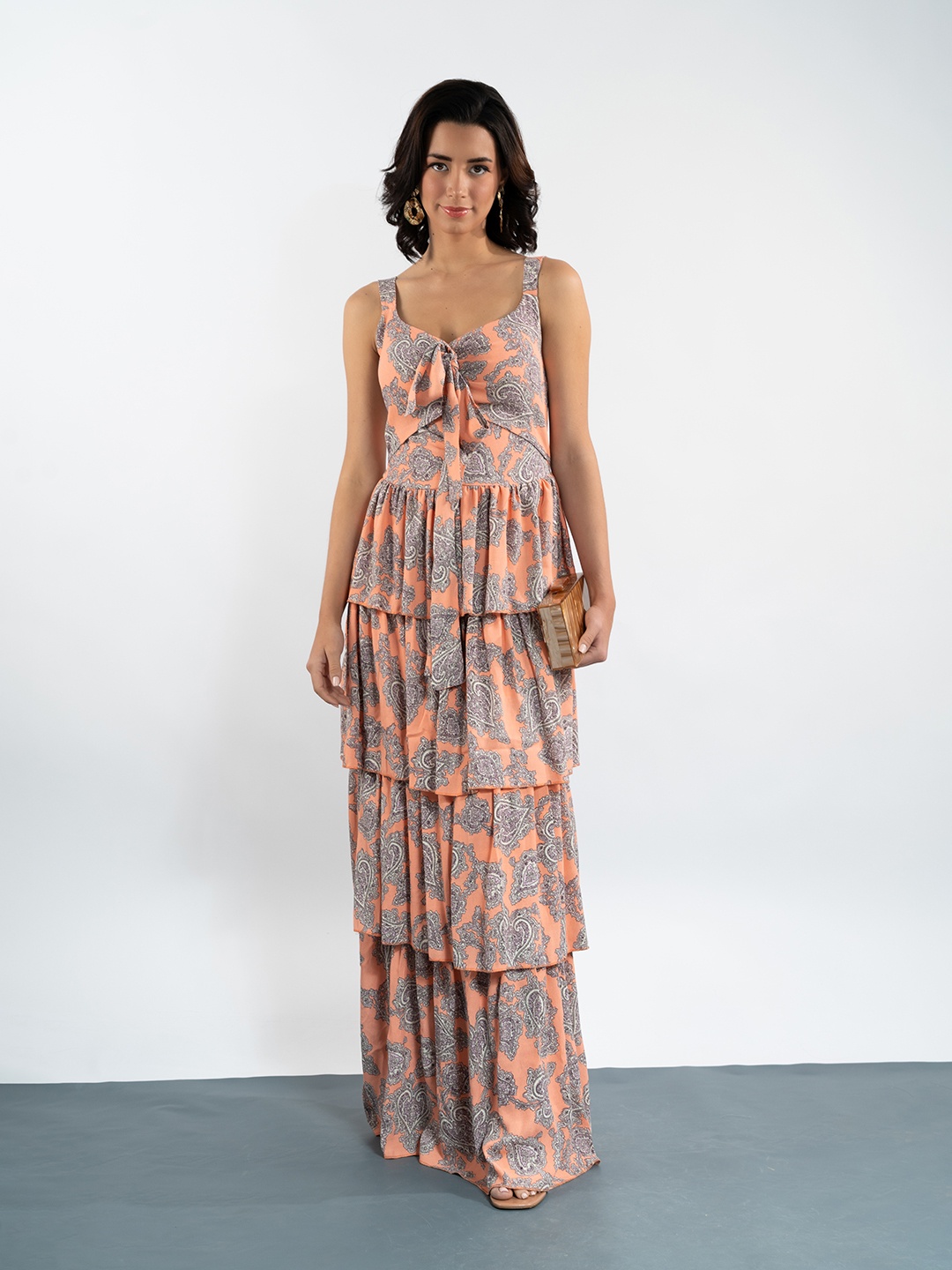 

Stylecast X Hersheinbox Motifs Print Layered Maxi Dress, Peach