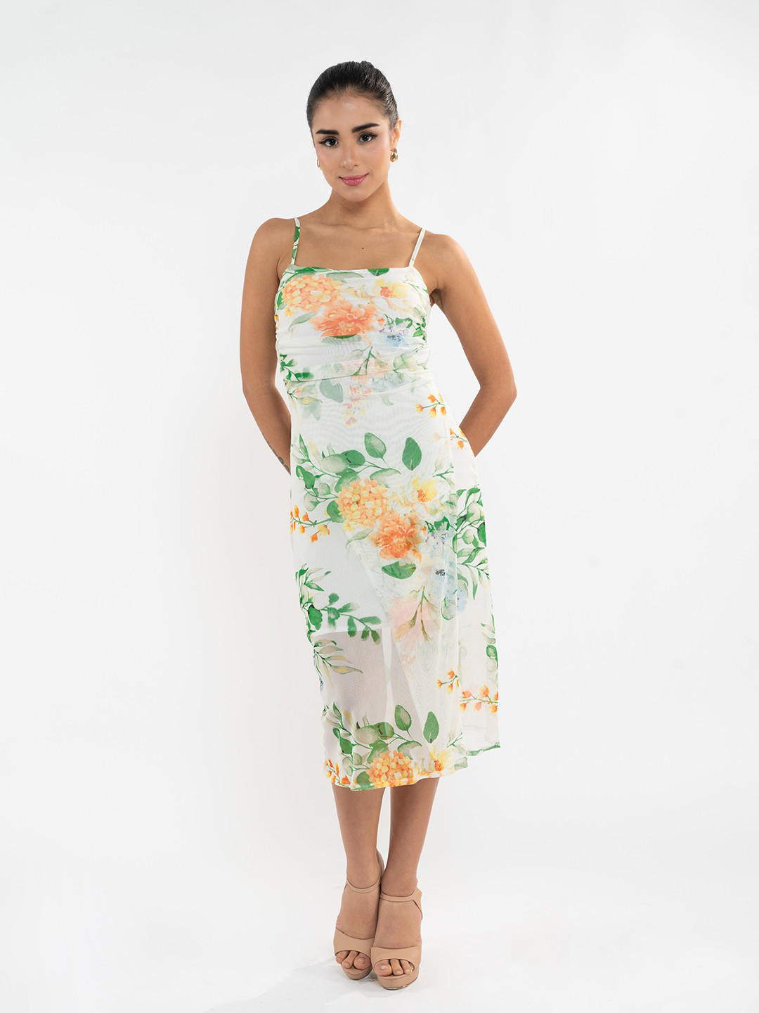 

Stylecast X Hersheinbox Floral Semi Sheer Mesh Ruched Midi Dress, Off white