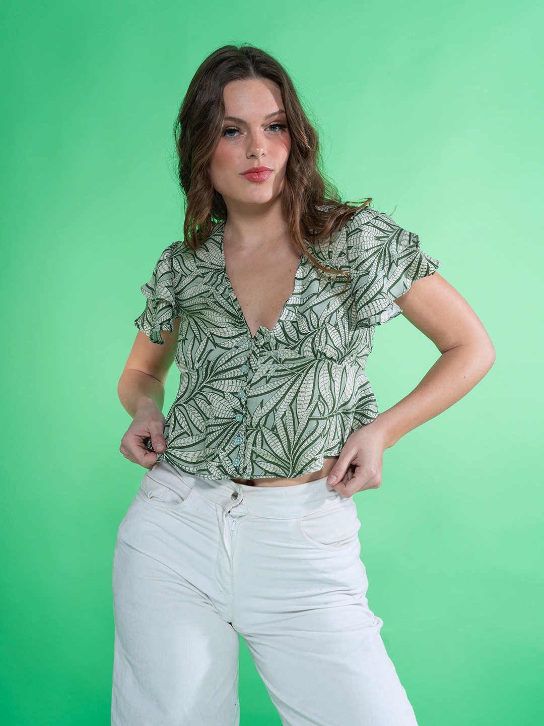 

Stylecast X Hersheinbox Floral Print Ruffles Peplum Crop Top, Green