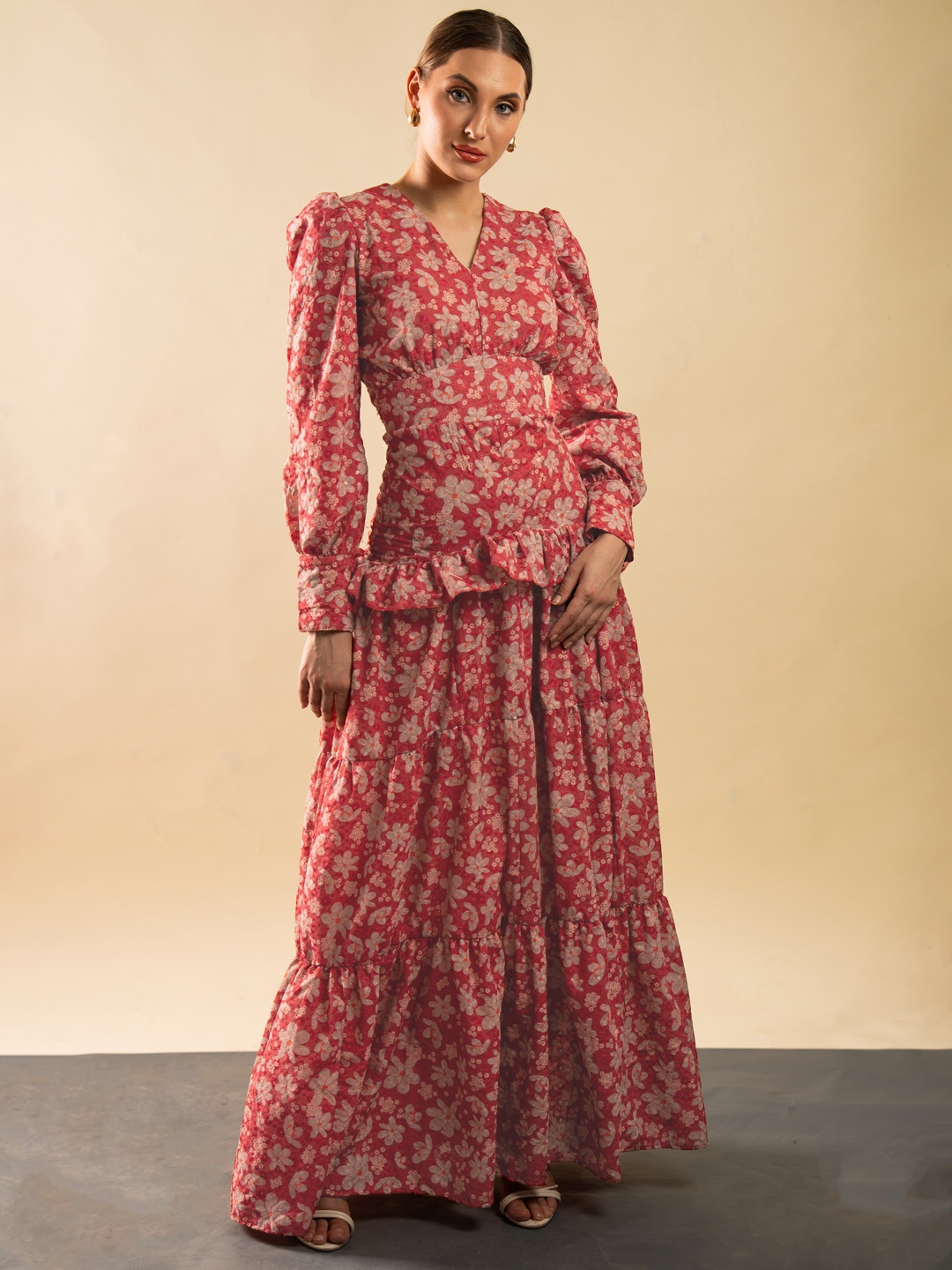 

Stylecast X Hersheinbox Cotton Floral Print Puff Sleeve Ruffled Tiered Maxi Dress, Maroon