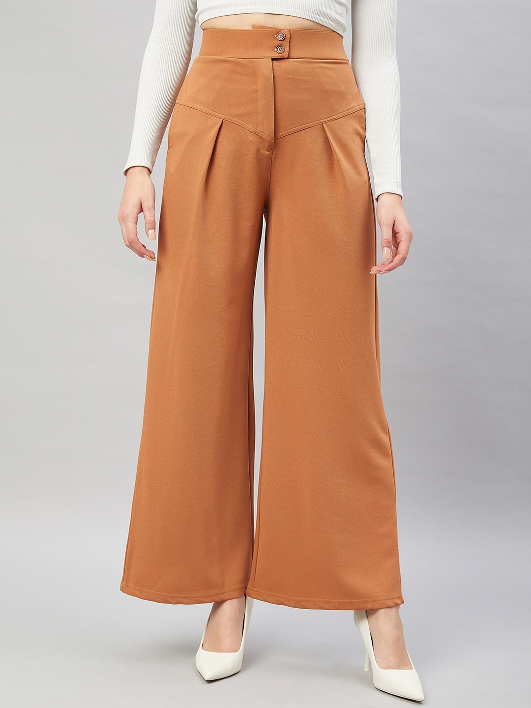 

Orchid Blues Women Flared High-Rise Pleated Trousers, Brown