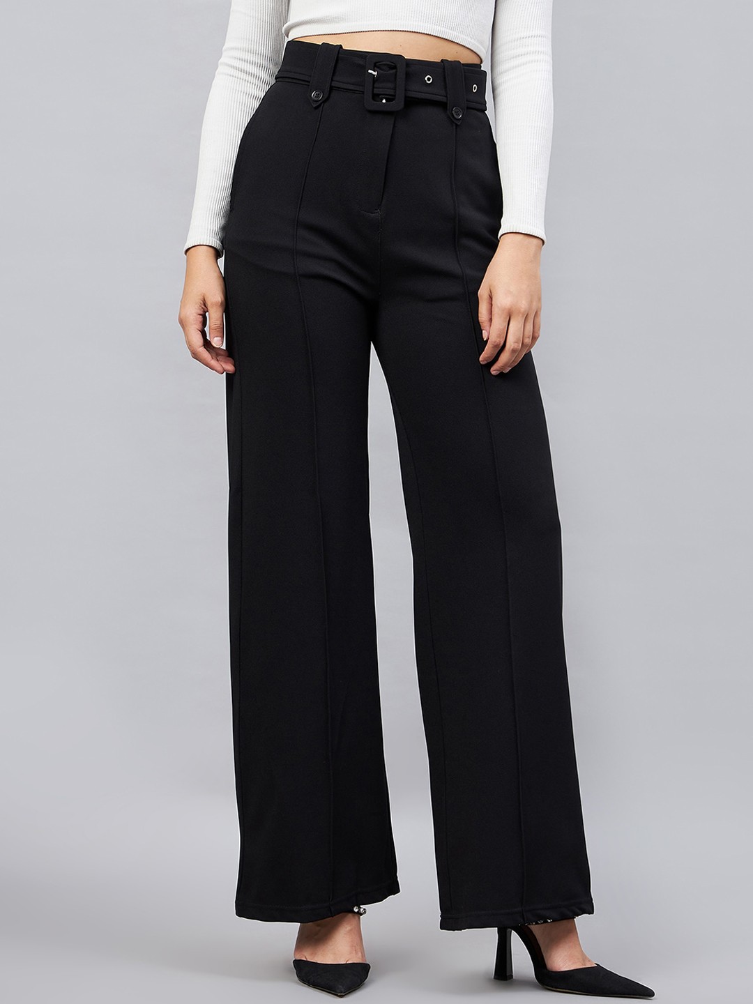 

Orchid Blues Women Flared High-Rise Parallel Trousers With Belt, Black