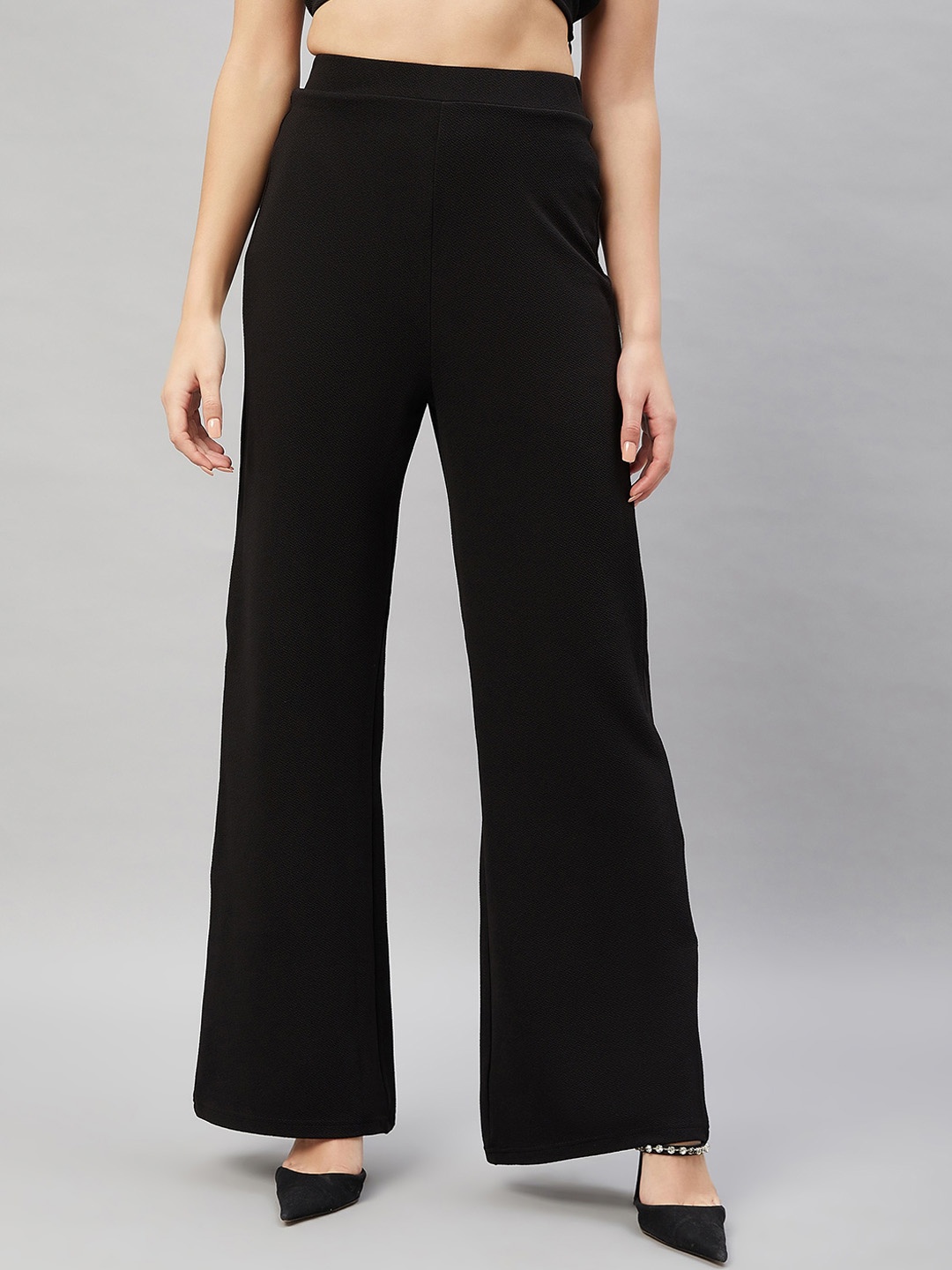 

Orchid Blues Women Flared High-Rise Parallel Trousers, Black