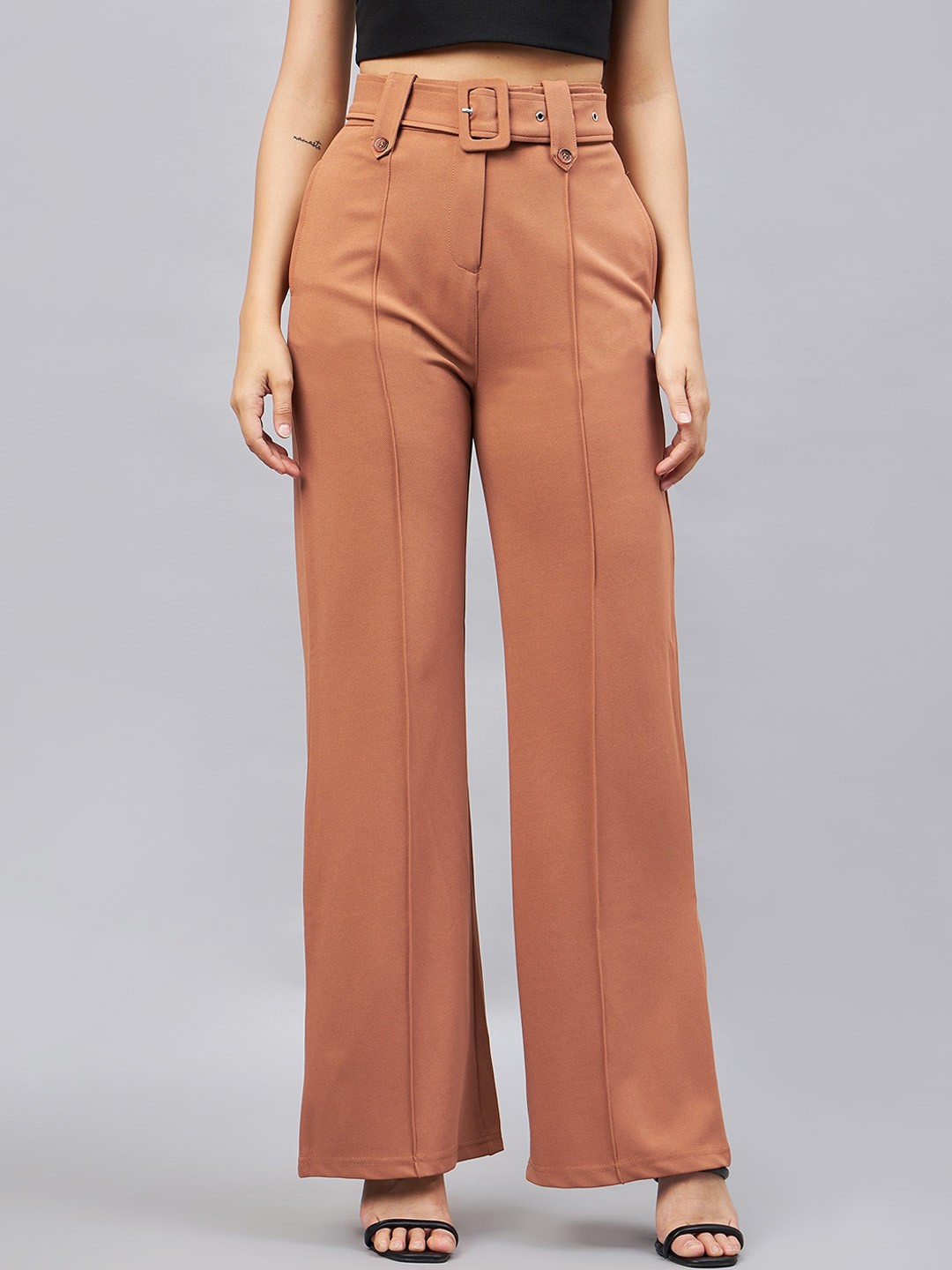 

Orchid Blues Women Flared High-Rise Pleated Parallel Trousers With Belt, Beige