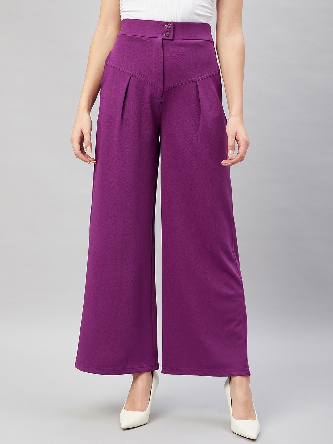 

Orchid Blues Women Flared High-Rise Pleated Parallel Trousers, Purple