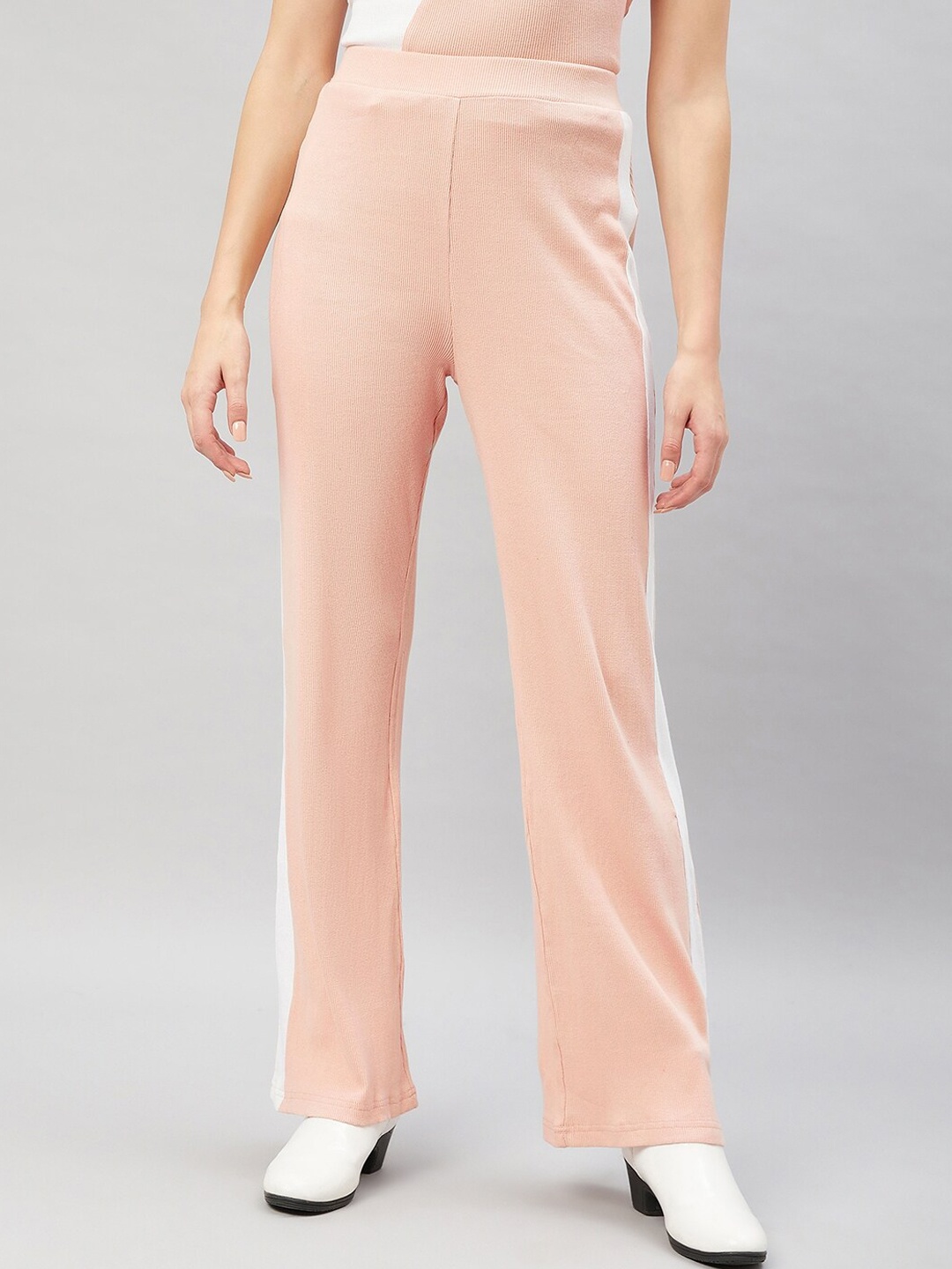 

Orchid Blues Women Flared High-Rise Ribbed Parallel Trousers, Pink