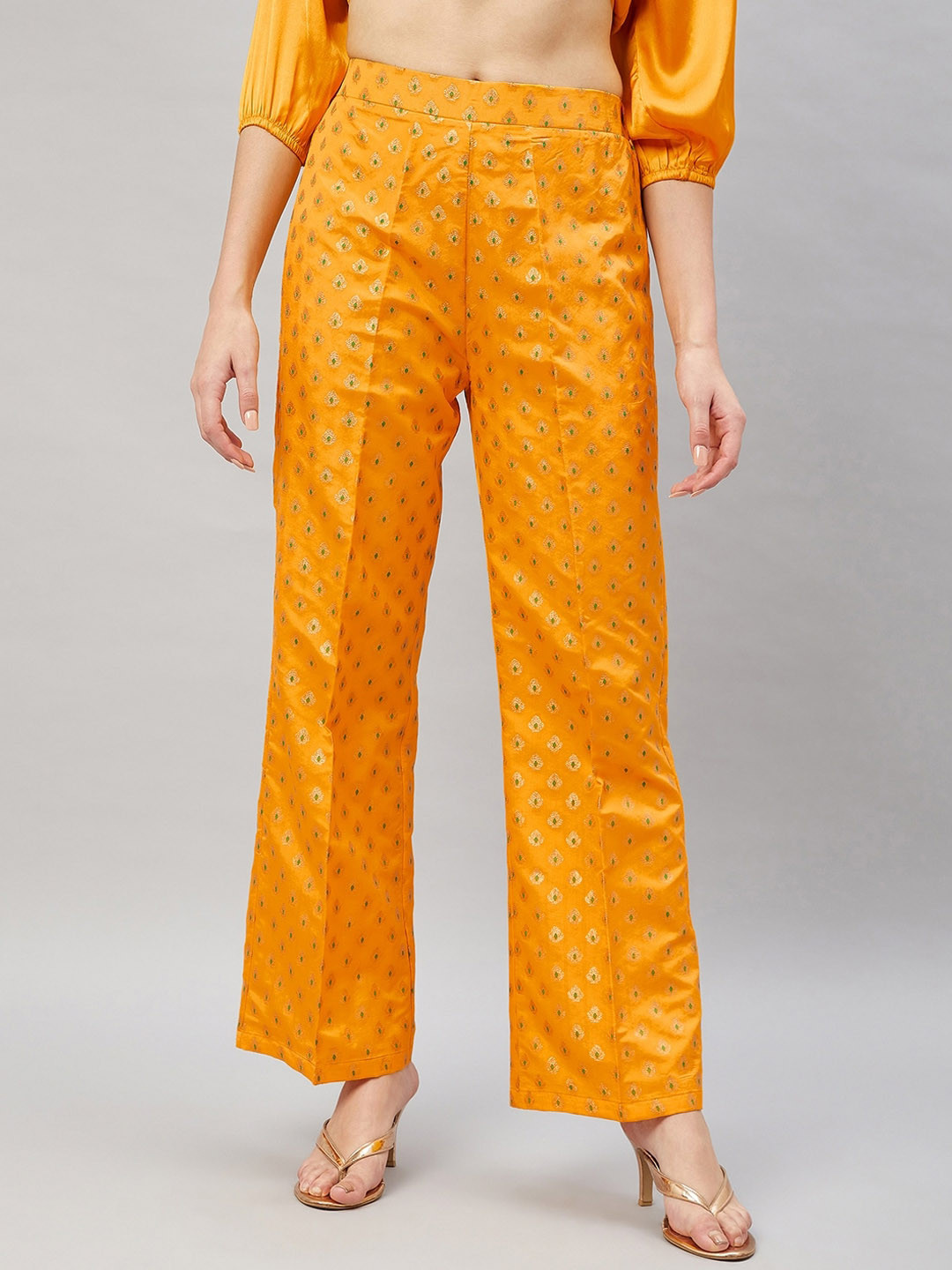 

Orchid Blues Women Ethnic Motifs Woven Design Jaquard Flared High-Rise Parallel Trousers, Yellow