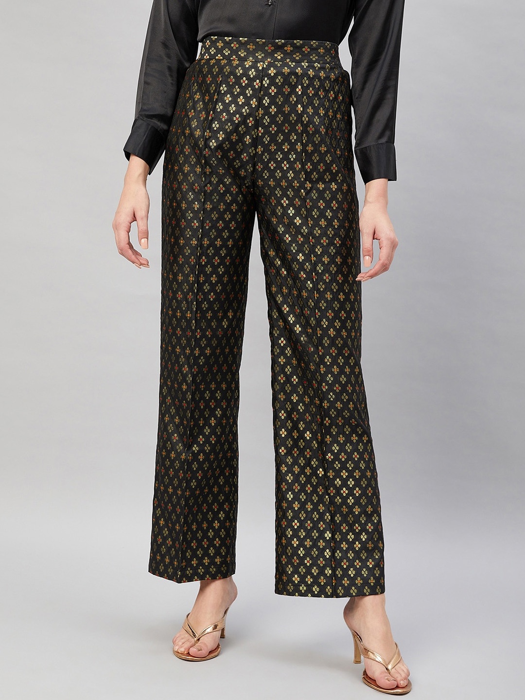 

Orchid Blues Women Floral Printed High-Rise Trousers, Black