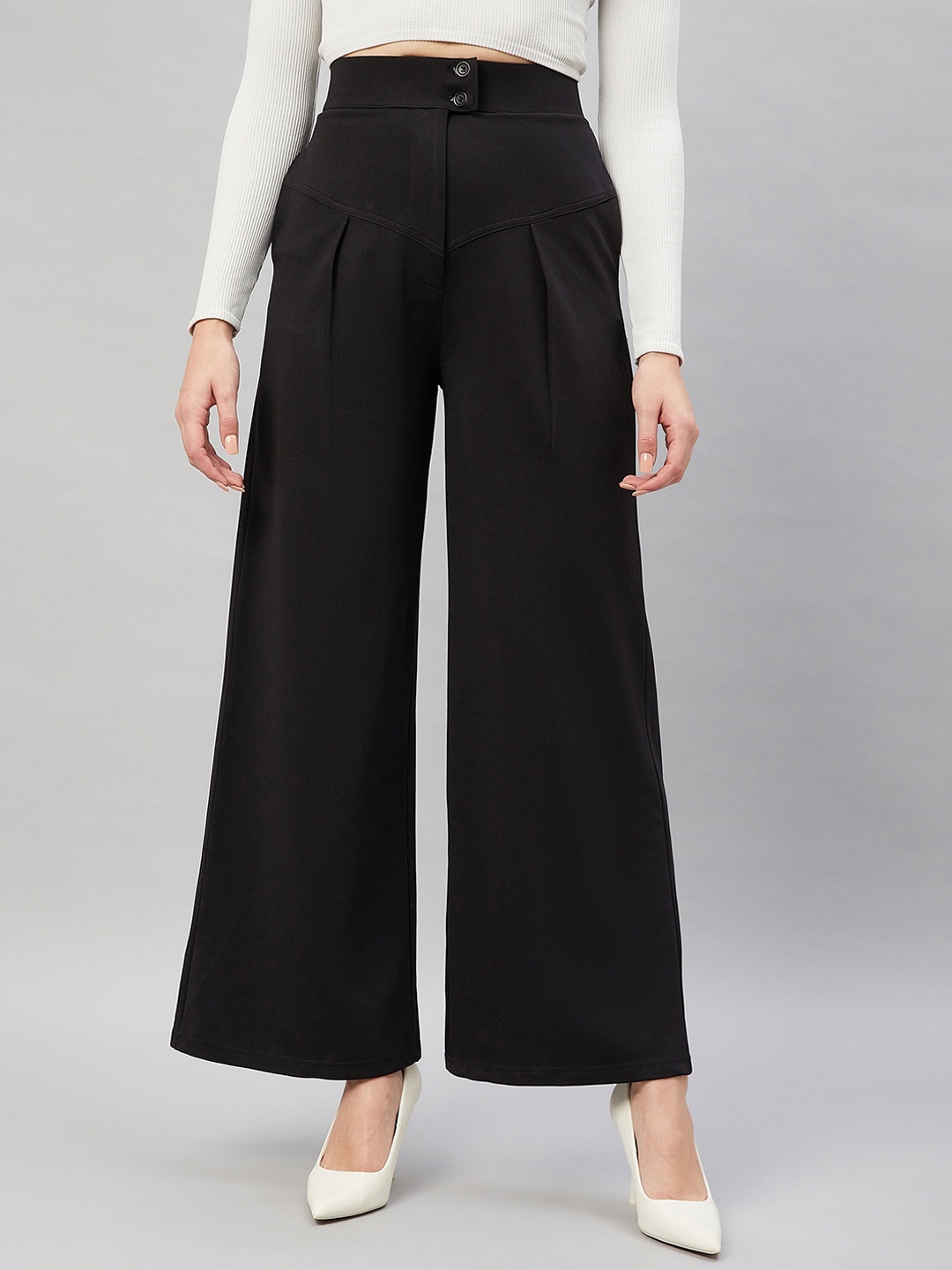 

Orchid Blues Women Flared High-Rise Pleated Trousers, Black
