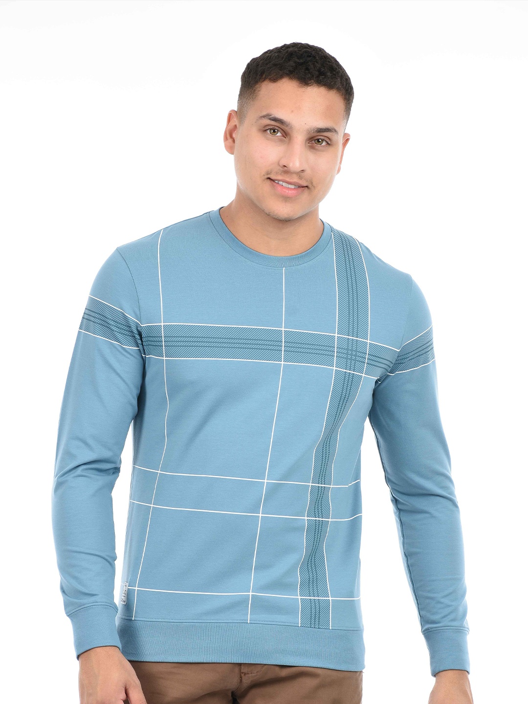 

Octave Checked Round Neck Cotton T-shirt, Blue