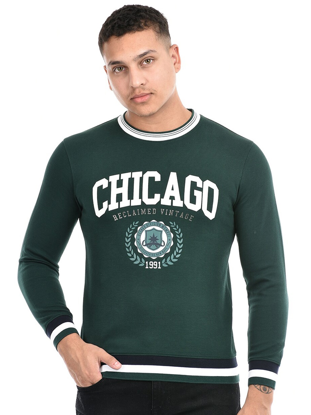 

Octave Typography Printed Round Neck Applique Cotton T-shirt, Green
